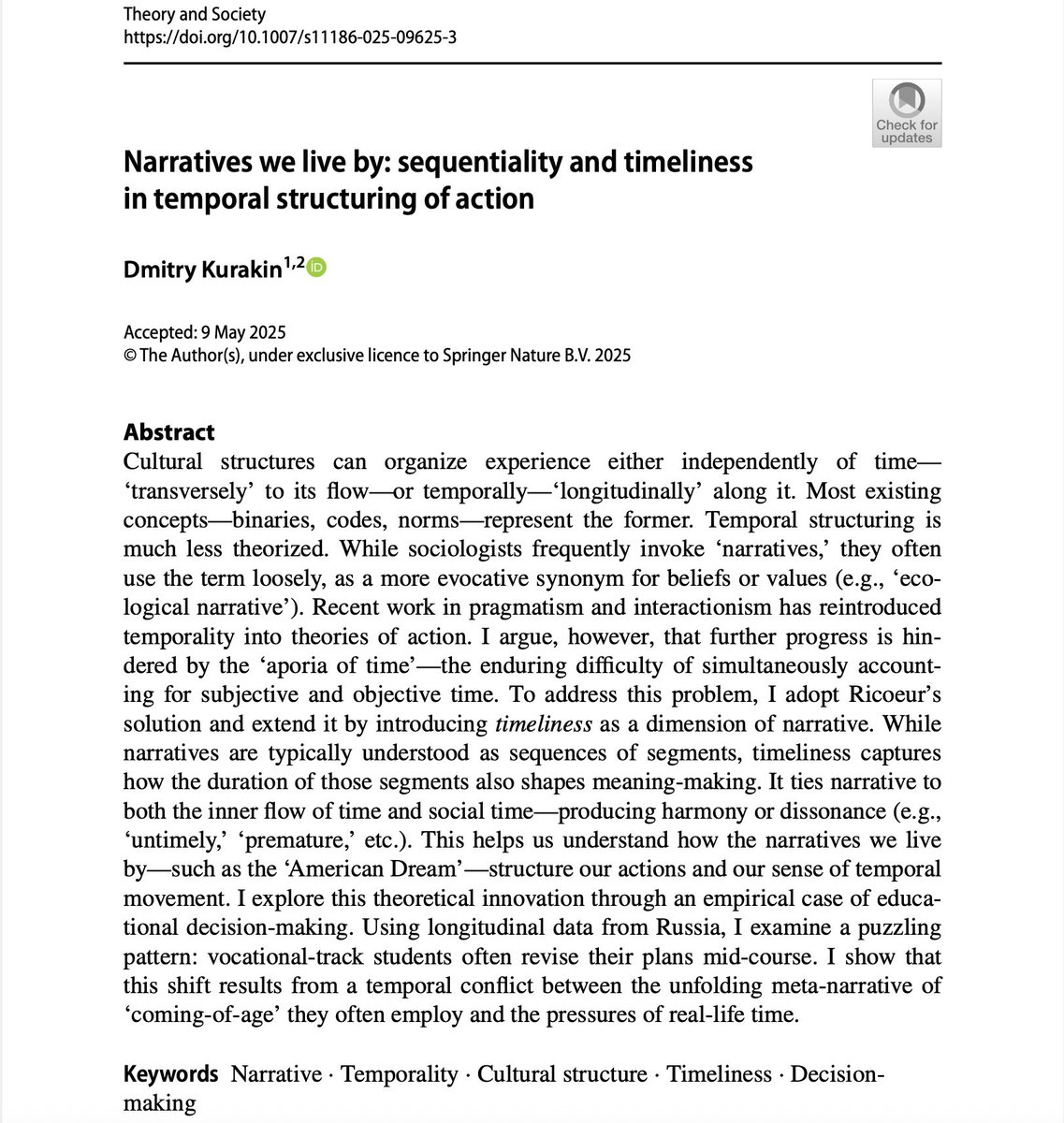 New in Theory &amp; Society: I argue that narratives aren’t just sequences—they have tempo. By adding timeliness to narrative theory in sociology, I show how “too late” or “just in time” stems not only from life events but from the narratives we live by. link.springer.com/article/10.100…