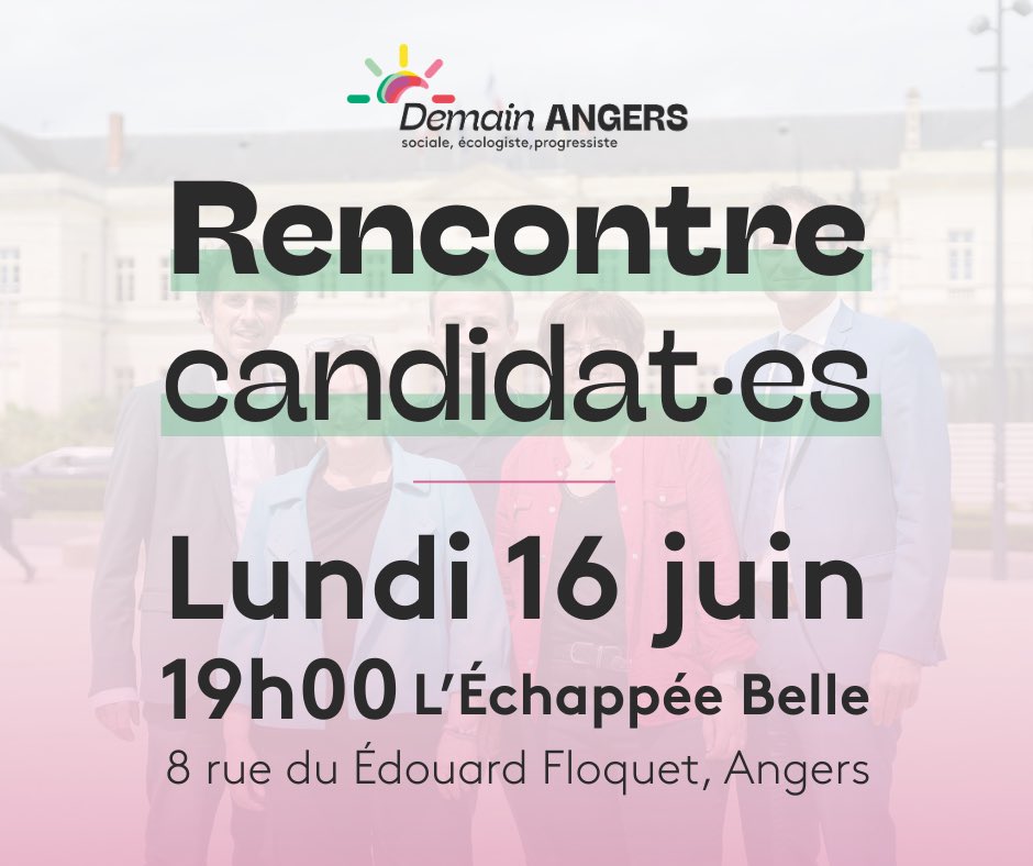 📣 #DemainAngers vous invite à une soirée d’échanges avec les candidat·es à la primaire de la gauche et des écologistes en vue des municipales 2026 ! 

📅 Lundi 16 juin à 19h00
📍 L’Échappée Belle, 8 rue Édouard Floquet
👫 Entrée libre
🍷 Bar associatif