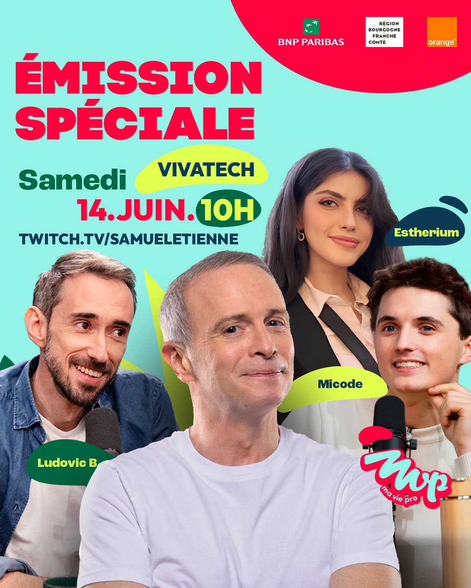 Samedi à 10H un MVP spécial en direct de <a href="/VivaTech/">VivaTech</a> !!!
Avec <a href="/Micode/">Micode</a>, Estherium, <a href="/LudoTatou/">Ludovic B</a> et nos invités, on se penchera sur les métiers de la Tech avec <a href="/orange/">Orange</a>, <a href="/BNPParibas/">BNP Paribas Group</a> et la région Bourgogne Franche-Comté !
MVP, Ma Vie Pro, l'émission qui explore les voies pro pour que