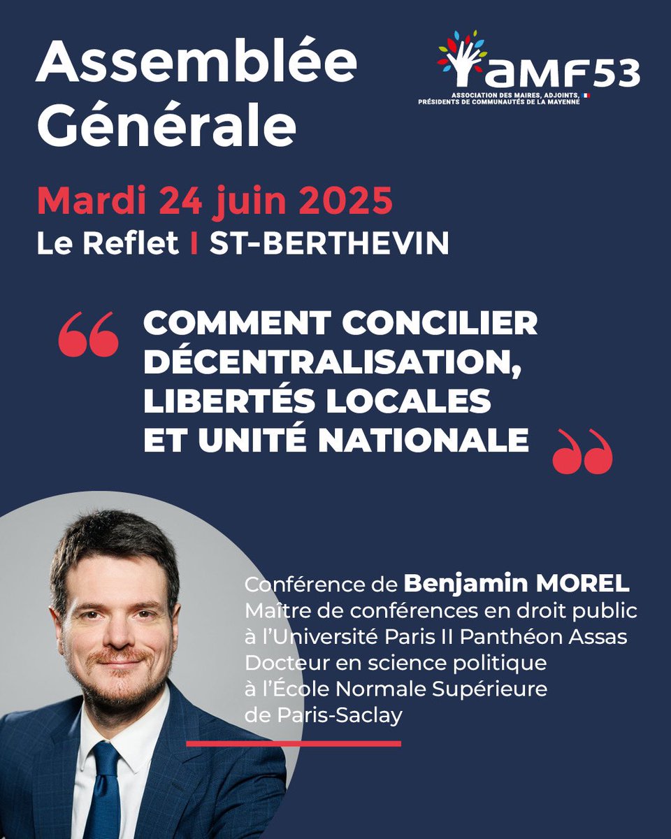 [J-12 A vos agendas 🗓] 
🇫🇷Rendez-vous le mardi 24 juin 2025 pour l’Assemblée générale annuelle de l’<a href="/AMF_53/">AMF 53</a> avec la présence de <a href="/davidlisnard/">David Lisnard</a> et <a href="/BenjaminMorel63/">Benjamin Morel</a> 
📌Pensez à vous inscrire ! 
✅Contact:📞0243590900
<a href="/PresidentAmf/">Président de L’AMF</a> <a href="/l_amf/">AMF | Association des maires de France</a>