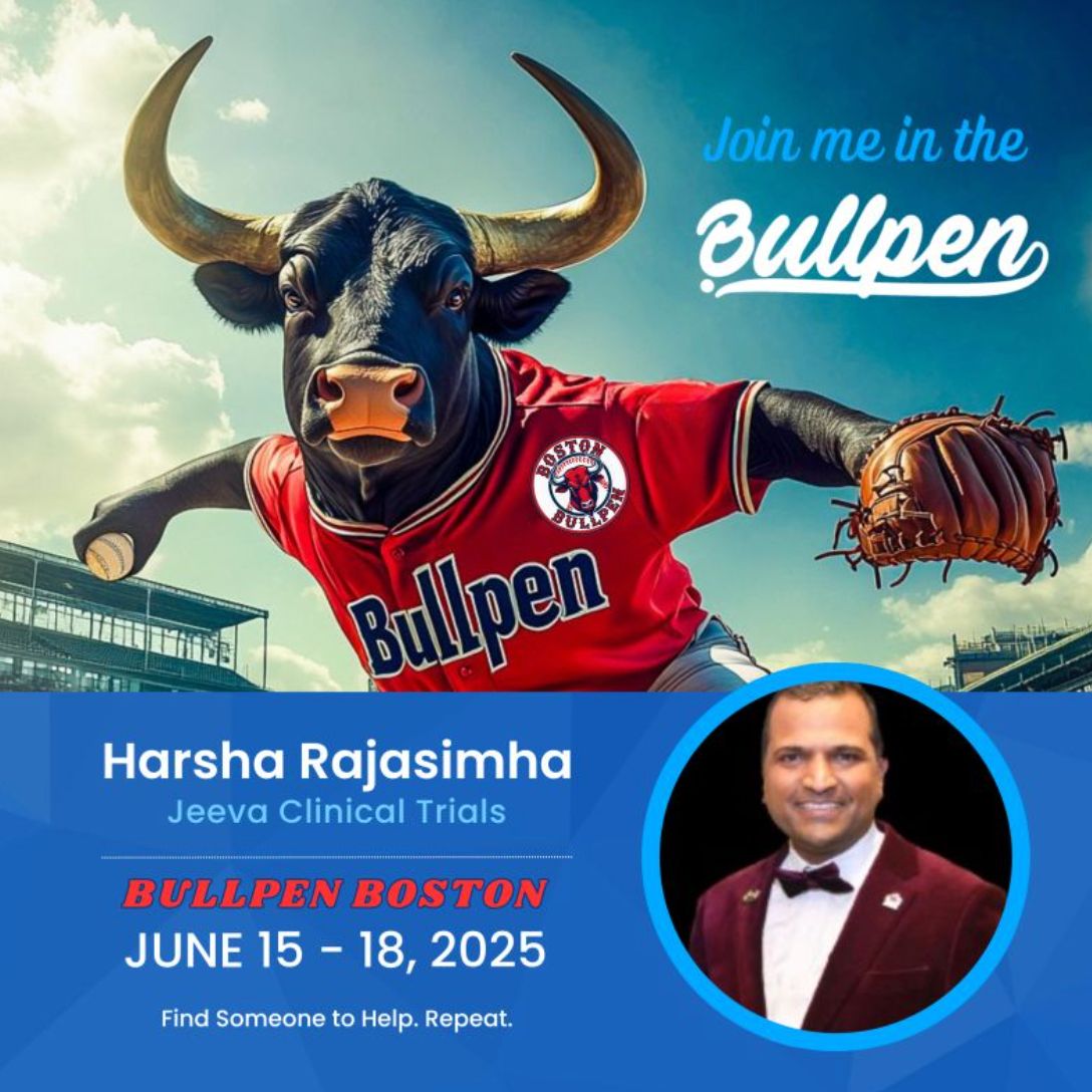 🚨 Jeeva is headed to the Bullpen! 

Catch Dr. Harsha K. Rajasimha, our CEO &amp; Founder, representing Jeeva Clinical Trials at #BIO2025 in Boston from June 15–18, 2025! 🧬⚾ 

🌐 Empowering patient-first research through smarter, faster clinical trials. 

#JeevaTrials