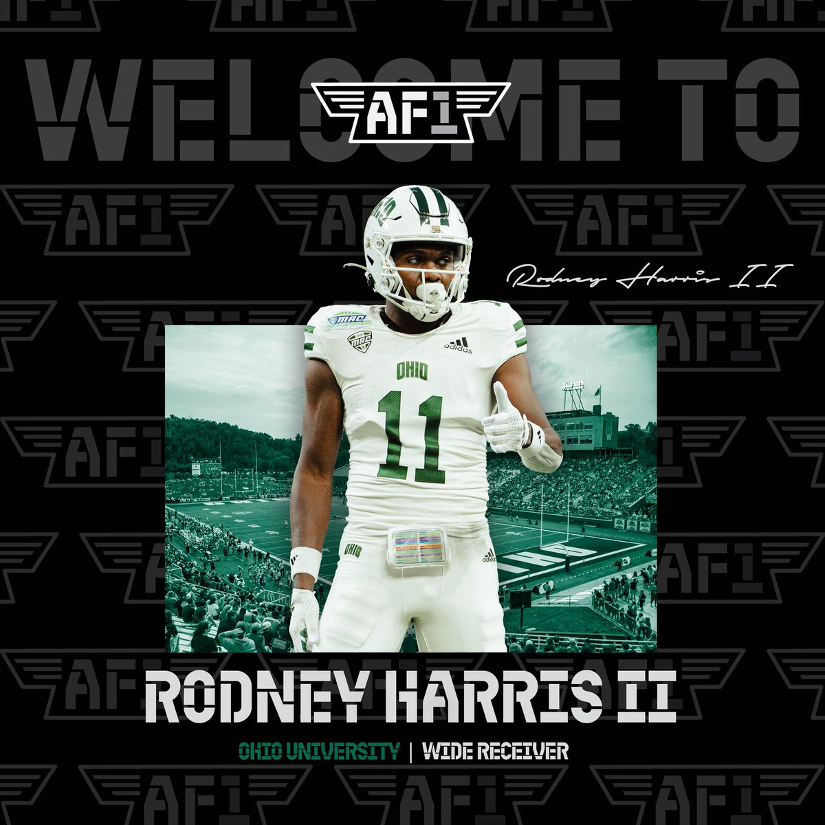 af1mgmt's tweet photo. Welcome to the AF1 family, @RodneyHarrisII ! 🤝

Ohio University | Wide Receiver 
2024 MAC Champion
2024 sophomore szn: 23 REC, 289 YDS✔️
#allforone https://t.co/tYNotX2s3V