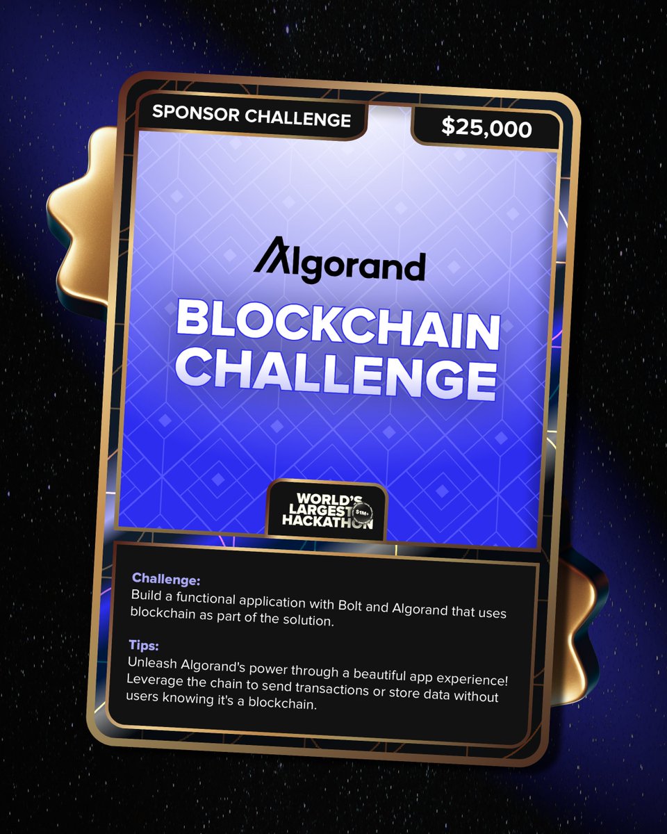 bolt.new (@boltdotnew) on Twitter photo New hackathon prize category just dropped — sponsored by <a href="/AlgoFoundation/">Algorand Foundation</a>!
Announcing the Blockchain Challenge 🏆
Build a functional app with Bolt + Algorand that uses blockchain as part of your solution, and you could win $25,000 💰 New hackathon prize category just dropped — sponsored by <a href="/AlgoFoundation/">Algorand Foundation</a>!
Announcing the Blockchain Challenge 🏆
Build a functional app with Bolt + Algorand that uses blockchain as part of your solution, and you could win $25,000 💰