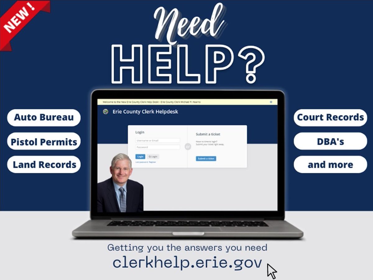 Erie County Clerk Mickey Kearns (@eriecountyclerk) on Twitter photo The <a href="/ErieCountyClerk/">Erie County Clerk Mickey Kearns</a>'s Office is here to help!
We strive to answer the questions you need answers to: #DMV, #Passport, #ThankAVet, #REALID, #Deed & #DBAs.
☎️716-858-8864, speak with a live agent M-F, 9am-5pm or online 24/7 via Clerk's Help Desk: clerkhelp.erie.gov. The <a href="/ErieCountyClerk/">Erie County Clerk Mickey Kearns</a>'s Office is here to help!
We strive to answer the questions you need answers to: #DMV, #Passport, #ThankAVet, #REALID, #Deed & #DBAs.
☎️716-858-8864, speak with a live agent M-F, 9am-5pm or online 24/7 via Clerk's Help Desk: clerkhelp.erie.gov.