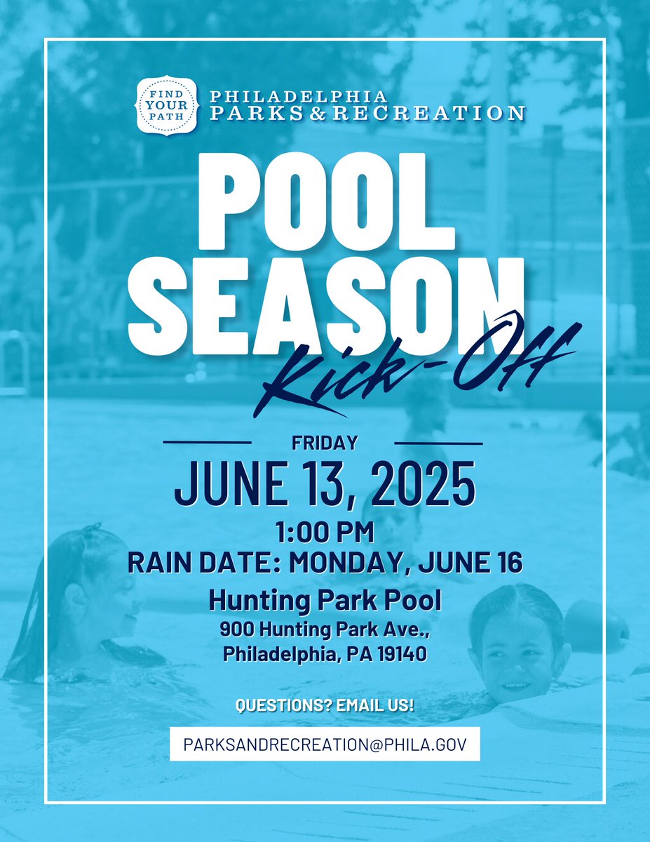 Pool season is almost here, Philly! 💦 Join us June 13 at Hunting Park Pool for the big kick-off. 🏊‍♀️

Want to know when your pool opens? 👉 phila.gov/2025-06-12-phi…
#PhillyPools #PhillyParksandRec #PoolSeason2025
