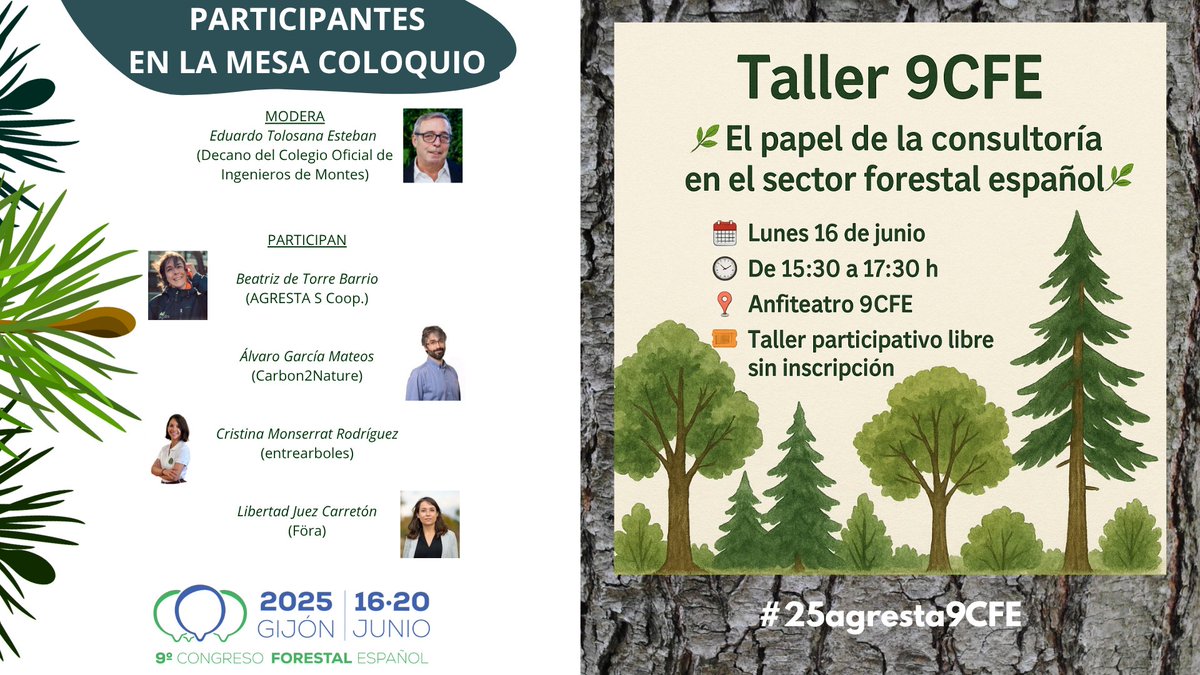 AGRESTA S. Coop. (@agrestascoop) on Twitter photo Si vas a acudir al <a href="/congresoforesta/">Congreso Forestal Español</a> de la próxima semana en Gijón, te invitamos a la mesa coloquio del taller "El papel de la consultoría en el sector forestal español"
#9CFE
#25agresta9cfe Si vas a acudir al <a href="/congresoforesta/">Congreso Forestal Español</a> de la próxima semana en Gijón, te invitamos a la mesa coloquio del taller "El papel de la consultoría en el sector forestal español"
#9CFE
#25agresta9cfe
