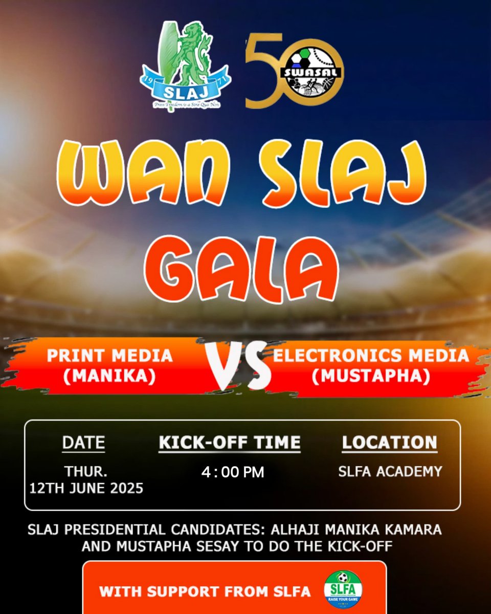 Today marks the eagerly awaited #WanSLAJGala football match preceding the #SLAJElectiveCongress. This football event signifies a time for unity,peace, reconciliation,camaraderie, &amp;cool off moment as journalists gather from various regions.Let us unite in celebration of solidarity