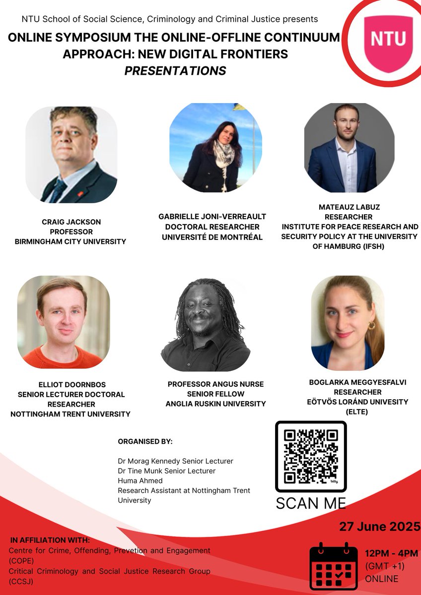 Dr Morag Kennedy (@moragkennedy88) on Twitter photo Speakers & roundtable discussion guests announced for <a href="/TineMunk/">Tine Munk</a> & I's Online Symposium: Offline-Online Continuum Approach. 👏
📅Friday 27thJune 2025 |⏰12:00–4:00 pm GMT
Everyone welcome! <a href="/NTUSocSciences/">NTU School of Social Sciences</a> <a href="/CCSJ_NTU/">Critical Criminology & Social Justice NTU</a> <a href="/PhDVoice/">PhD Voice - Independently Run</a> <a href="/BritSocCrim/">British Criminology</a> <a href="/esc_eurocrim/">European Society of Criminology</a> <a href="/routledgebooks/">Routledge Books</a> #conference Speakers & roundtable discussion guests announced for <a href="/TineMunk/">Tine Munk</a> & I's Online Symposium: Offline-Online Continuum Approach. 👏
📅Friday 27thJune 2025 |⏰12:00–4:00 pm GMT
Everyone welcome! <a href="/NTUSocSciences/">NTU School of Social Sciences</a> <a href="/CCSJ_NTU/">Critical Criminology & Social Justice NTU</a> <a href="/PhDVoice/">PhD Voice - Independently Run</a> <a href="/BritSocCrim/">British Criminology</a> <a href="/esc_eurocrim/">European Society of Criminology</a> <a href="/routledgebooks/">Routledge Books</a> #conference