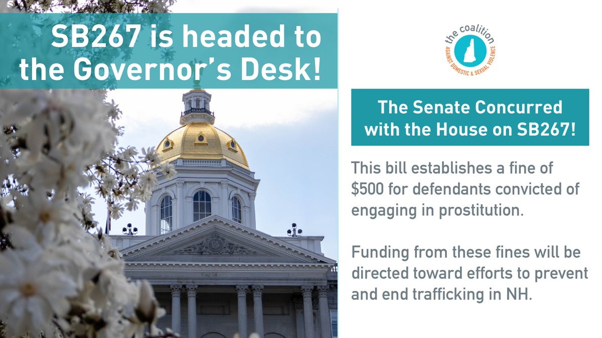 SB267 is headed to the Governor's Desk! This bill establishes a $500 fine for defendants convicted of engaging in prostitution. Funding from these fines will be directed toward efforts to prevent trafficking, helping to end the cycle of exploitation in NH. #NHPolitics