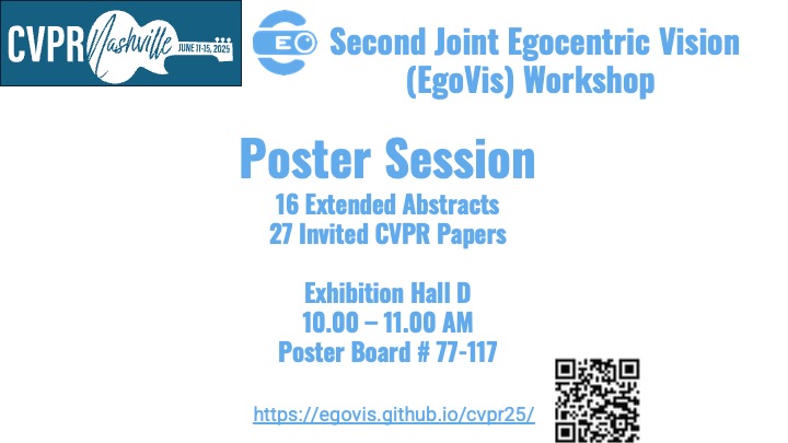It's poster time! ✨

Our first poster session is kicking off at 10 AM. Grab a coffee and come meet our incredible authors and see their work up close.

➡️ We're at poster boards 77-117. See you there!

#EgoVis <a href="/CVPR/">#CVPR2026</a> #CVPR2025