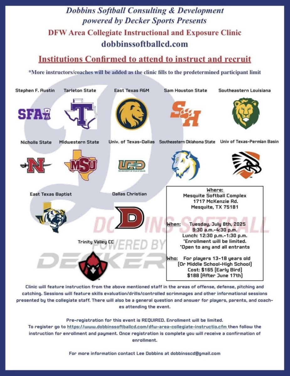 Dallas Christian College Softball (@dccrusoftball) on Twitter photo šØJuly 8th is our Summer Camp in DFW! Hope to see you out there!š„
dobbinssoftballcd.com/dfw-area-colle⦠šØJuly 8th is our Summer Camp in DFW! Hope to see you out there!š„
dobbinssoftballcd.com/dfw-area-colleā¦