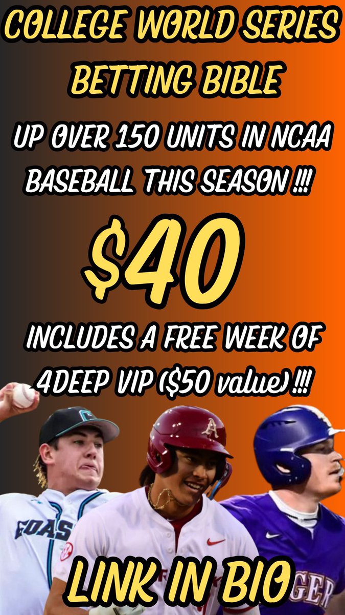 🚨COLLEGE WORLD SERIES BETTING GUIDE IS LIVE!!!!

- ONLY $40 FOR 2 WEEKS OF BETS!

- BETS AND WRITE UPS FOR ALL GAMES!

- FULL BREAKDOWN OF EVERY TEAM WITH POWER RANKINGS!

⚠️ ALSO INCLUDES A FREE WEEK OF ALL SPORT VIP DISCORD ACCESS ($50 value)!!!

👉dubclub.win/checkout/23607…