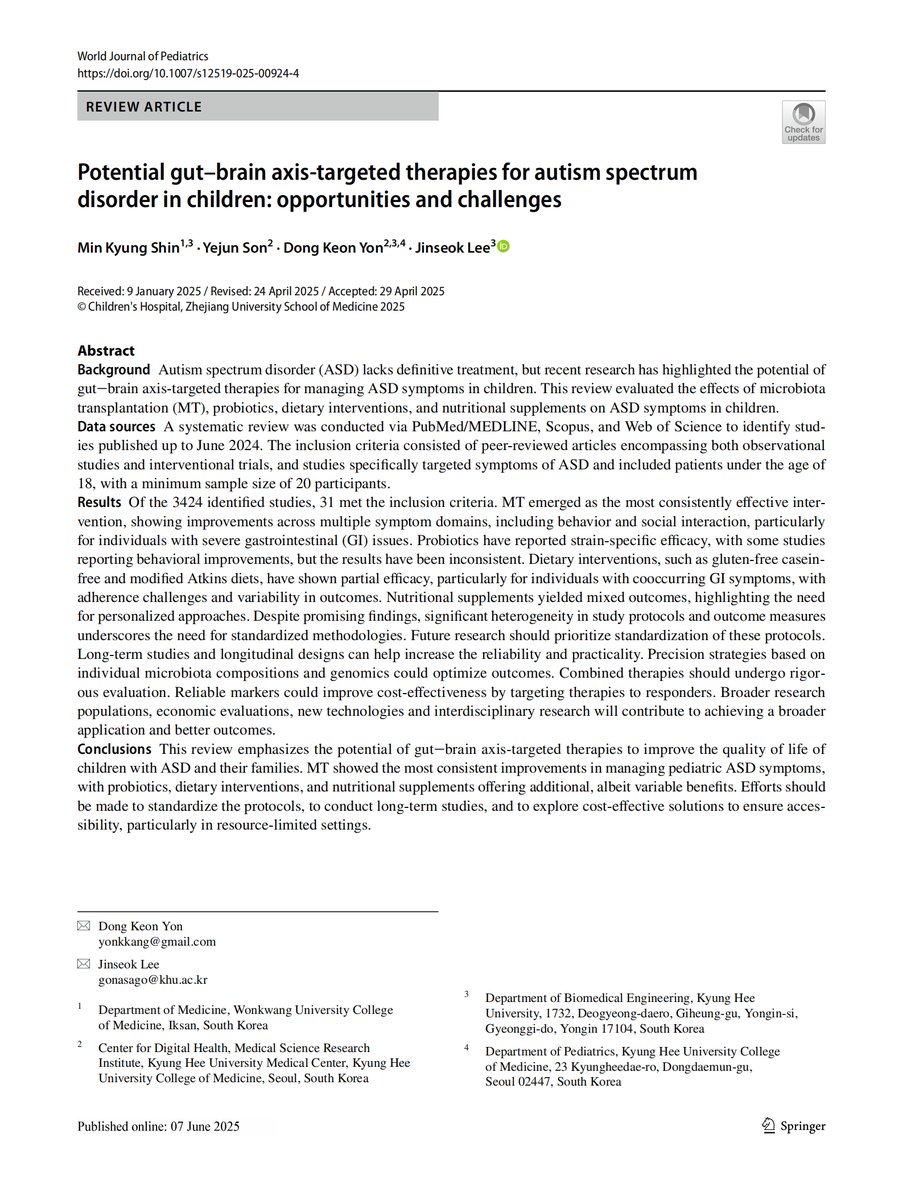 World_J_Pediatr's tweet image. Gut–brain axis-targeted therapies, especially microbiota transplantation, offer promising improvements in autism symptoms among children with gastrointestinal comorbidities.
#Meded #SoMe4PedSurg #Pediatrics #PublicHealth #Autism #GutBrainAxis #Therapy
link.springer.com/article/10.100…