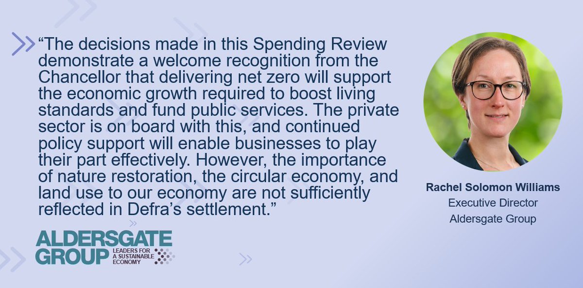 The Spending Review set a positive path towards low-carbon growth. Despite a very challenging geopolitical outlook, delivering targeted capital spending will be welcomed by businesses. However, progress is required on nature.

Read our commentary here: aldersgategroup.org.uk/publications/p…