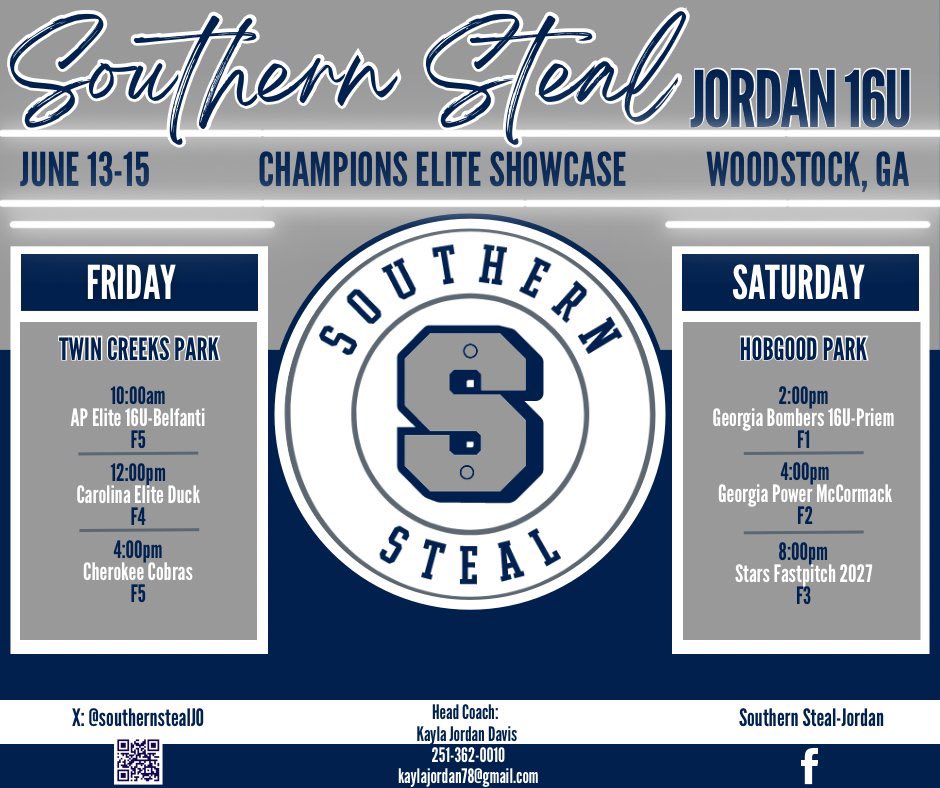 🚨Schedule for Champions Elite Summer Showcase this weekend in Woodstock, Georgia🚨 Stop by and check us out! #uncommitted 
<a href="/UAB_SB/">UAB Softball</a> <a href="/JaxStateSB/">Jax State Softball</a> <a href="/SamfordSoftball/">Samford Softball</a> <a href="/SouthAlabamaSB/">South Alabama Softball 🥎</a> <a href="/TroySoftball/">Troy Softball</a> <a href="/29maddog/">Thomas Macera</a> <a href="/tagupSoftball/">tagup</a> <a href="/NWFRaiders_SB/">NWF Softball</a> <a href="/WallaceStSB/">Wallace State Softball</a> <a href="/ExtraInningSB/">EXTRA INNING SOFTBALL</a> <a href="/SoftballDown/">Down South Softball</a>