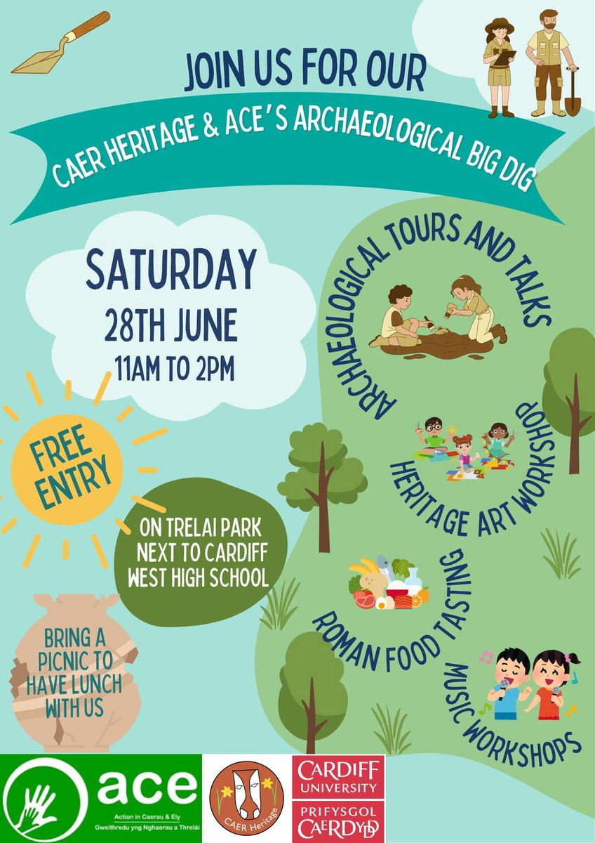 Dave ๐ (@sharewyatt) on Twitter photo ๐ <a href="/CAERHeritage/">CAER Heritage</a> BIG DIG open day! ๐
๐ Sat. 28th June
๐ 11am โ 2pm
๐ Trelai Park
Get ready to discover 4,000 years of Cardiff's history ๐
โ๏ธ Dig tours!
๐ถ Music Workshops!
๐จ Art Workshops!
๐ด Heritage food tasting!
<a href="/PEBradbury/">Peter Bradbury</a> <a href="/elycaerau_ACE/">ACE</a> <a href="/CardiffWestCHS/">Cardiff West CHS</a> ๐ <a href="/CAERHeritage/">CAER Heritage</a> BIG DIG open day! ๐
๐ Sat. 28th June
๐ 11am โ 2pm
๐ Trelai Park
Get ready to discover 4,000 years of Cardiff's history ๐
โ๏ธ Dig tours!
๐ถ Music Workshops!
๐จ Art Workshops!
๐ด Heritage food tasting!
<a href="/PEBradbury/">Peter Bradbury</a> <a href="/elycaerau_ACE/">ACE</a> <a href="/CardiffWestCHS/">Cardiff West CHS</a>