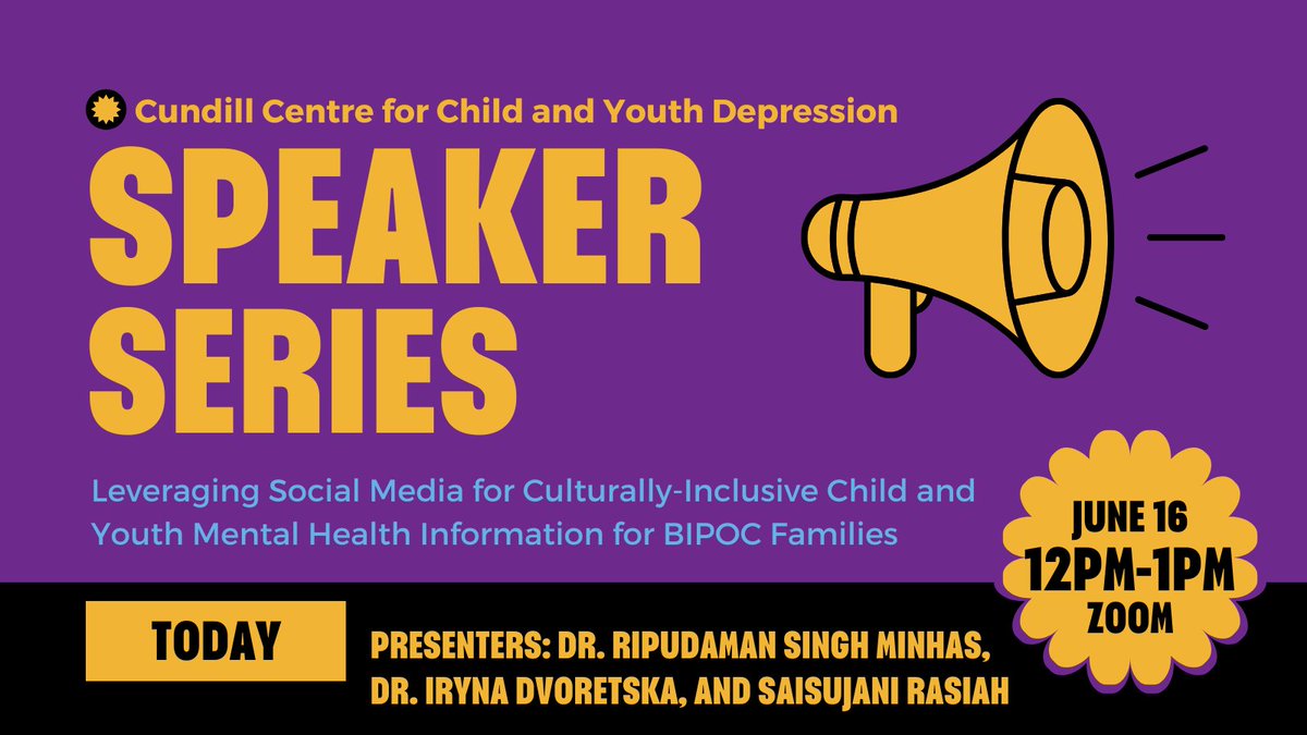 TODAY: 

Join us at noon for Dr. Ripudaman Singh Minhas,  Dr. Iryna Dvoretska, and Saisujani Rasiah's presentation on Leveraging Social Media Culturally-Inclusive Child and Youth Mental Health Information for BIPOC Families 🎤

Pre-registration: us02web.zoom.us/meeting/regist…