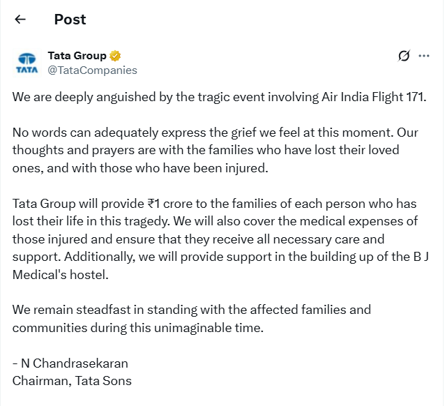 AIRNewsHindi's tweet image. #AhmedabadPlaneCrash ||

टाटा समूह इस त्रासदी में जान गंवाने वाले प्रत्येक व्यक्ति के परिवार को ₹1 करोड़ की सहायता राशि देगा।

@TataCompanies