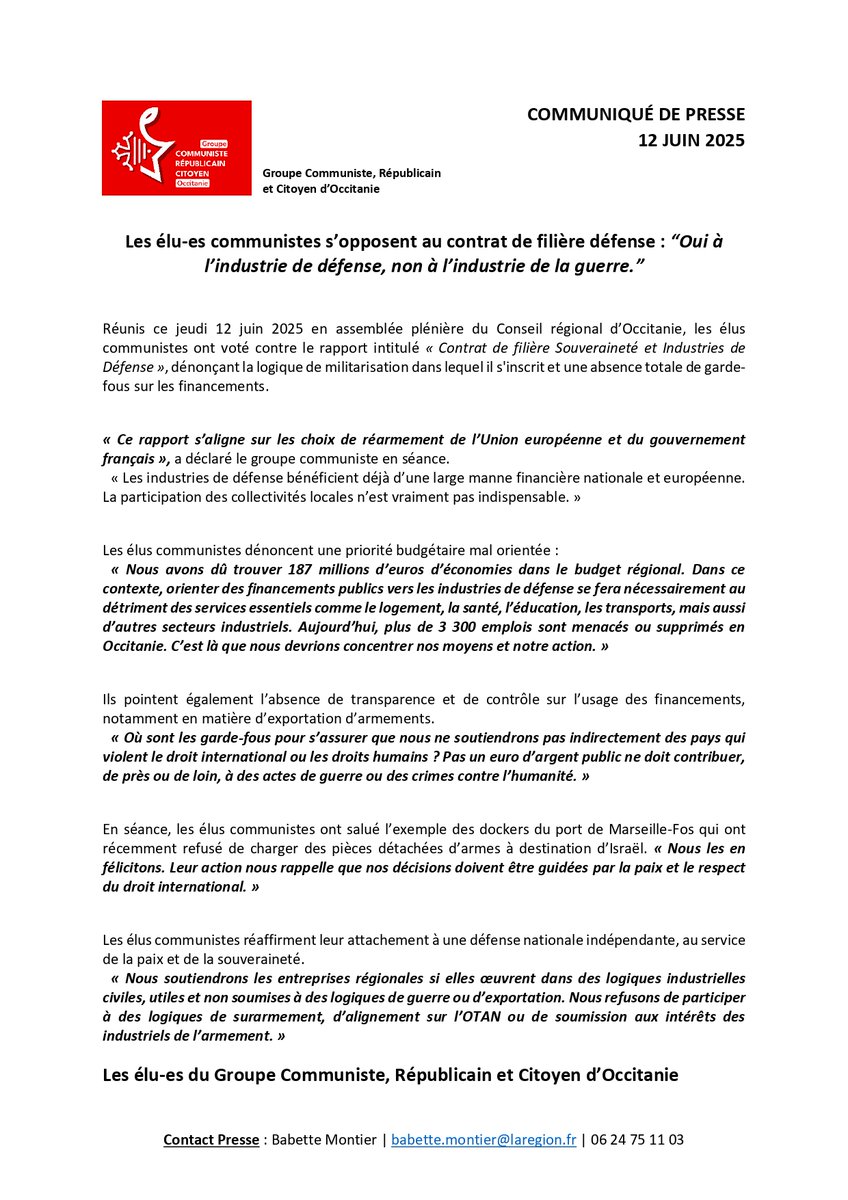 💸 Pas un euro d’argent public pour les logiques de guerre !
En Occitanie, des milliers d’emplois sont menacés. La priorité doit aller aux services publics et à la sauvegarde de nos emplois, pas à l’export d’armes sans contrôle.