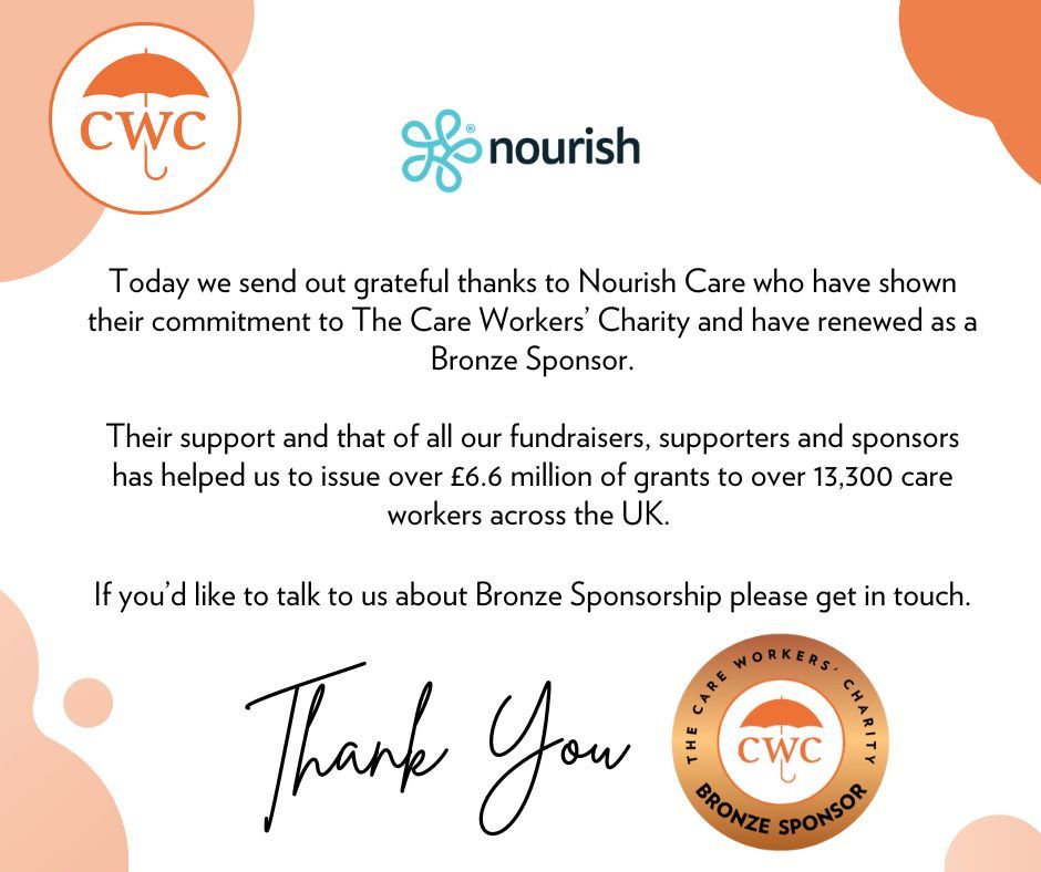 💙 Thank You Nourish Care! 💙

A heartfelt thank you to Nourish Care for renewing your Bronze Sponsorship with The Care Workers’ Charity!

➡️ Learn more about becoming a sponsor: 
buff.ly/t6tulZu 

#ThankYou #BronzeSponsor