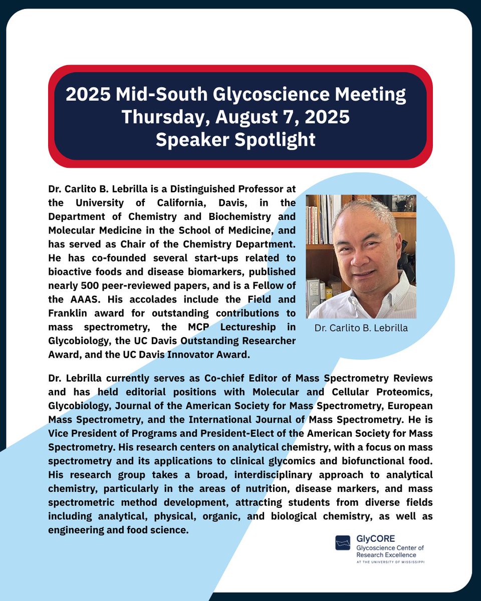 UM_glycore's tweet image. Hear exciting science, make new connections, and showcase your work! Join us on the beautiful Ole Miss campus, or virtually via Zoom, on Thursday, August 7th. Register: bit.ly/4lZHCWa and Submit an Abstract: bit.ly/4df3rgC #glycotime #glycore