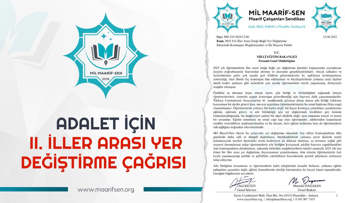 📢 Aile Birliği ve Adalet İçin Çağrımızdır!

2025 iller arası yer değişikliğinde kontenjanlar yetersiz, bazı iller tamamen kapalı! Eş durumu başta olmak üzere binlerce öğretmen başvuru yapamadı.

🟩 2. İller Arası Yer Değiştirme Duyurusu Yayınlanmalıdır!

#MaarifSen