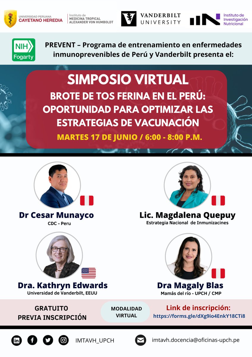 📌Simposio “Brote de tos ferina en el Perú: oportunidad para optimizar las estrategias de vacunación”
Inscripciones: forms.gle/dXg9io4EnkY18C…
Mayor información del curso: imtavh.cayetano.edu.pe/.../simposio-b…
Esperamos contar con su participación👏