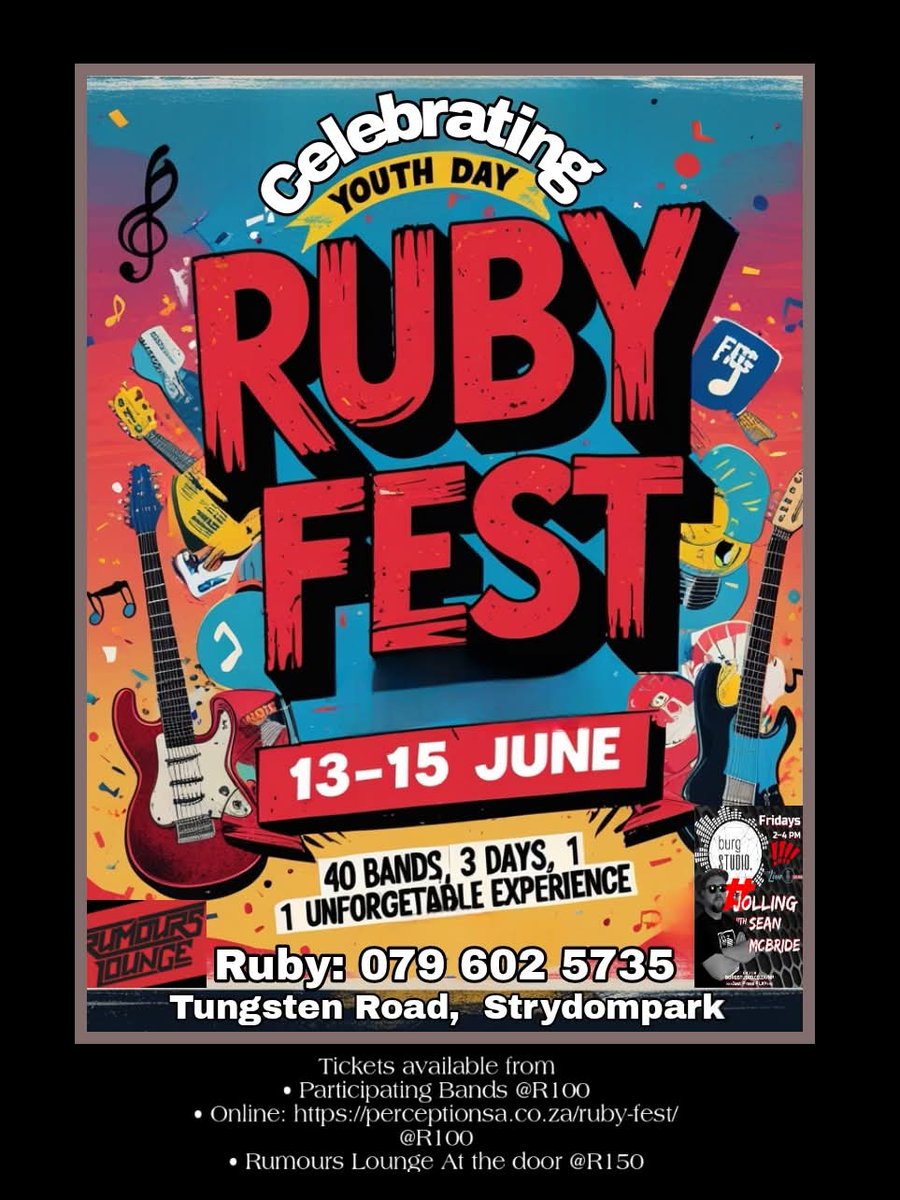 Hitting up #RubyFest  this weekend! Come support #sabands like us doing their thing at <a href="/RumoursLounge/">Rumours Lounge</a> Strydom Park We are on stage 18h00 Saturday ! Show us some Love ! #thecolorblew #LoveInSpace #DiscountHearts #leave #africansky