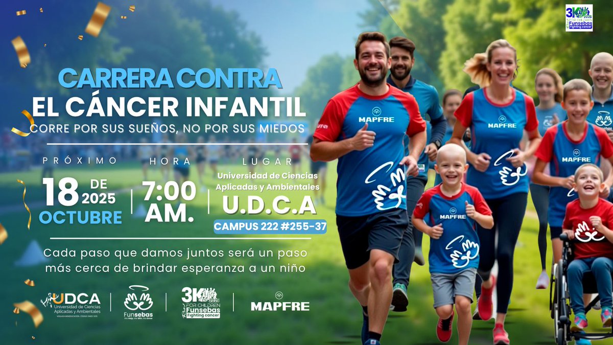🎗️ ¡Una cita con la esperanza nos espera!
Este 18 de octubre de 2025, tú puedes ser parte de algo que va mucho más allá de una carrera

🌟 Muy pronto compartiremos más detalles sobre 

#CarreraContraElCáncerInfantil #CorrePorEllos #3KPorLosNiños #Funsebas  #UDCA