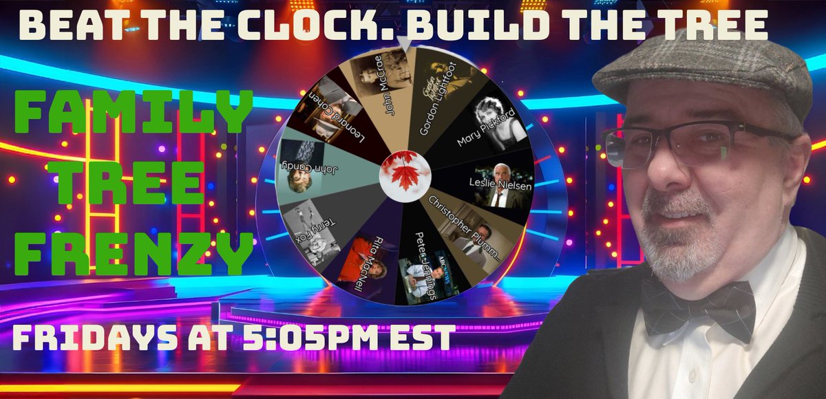 🚨 New Summer Series: Family Tree Frenzy!
Join me Fri at 6:05 pm AST/5:05 pm EST. Spin celebs, vote gens (2–5), then race 10–35 min to find 3/7 records!
If I lose 2/3 rounds, YOU could win merch or a 3-mo Family Circle membership!
Details ➡️ gameshow.howegothere.ca