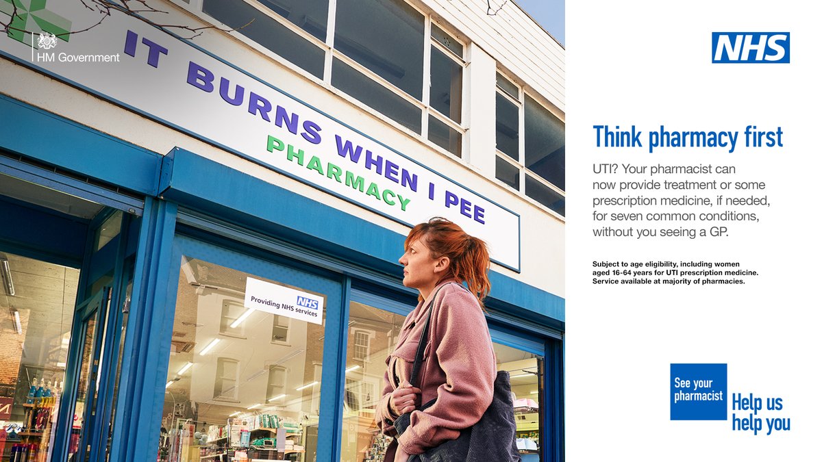 UTI? If needed, your pharmacist can now provide some prescription medicine without seeing a GP.

#ThinkPharmacyFirst. 

nhs.uk/thinkpharmacyf…