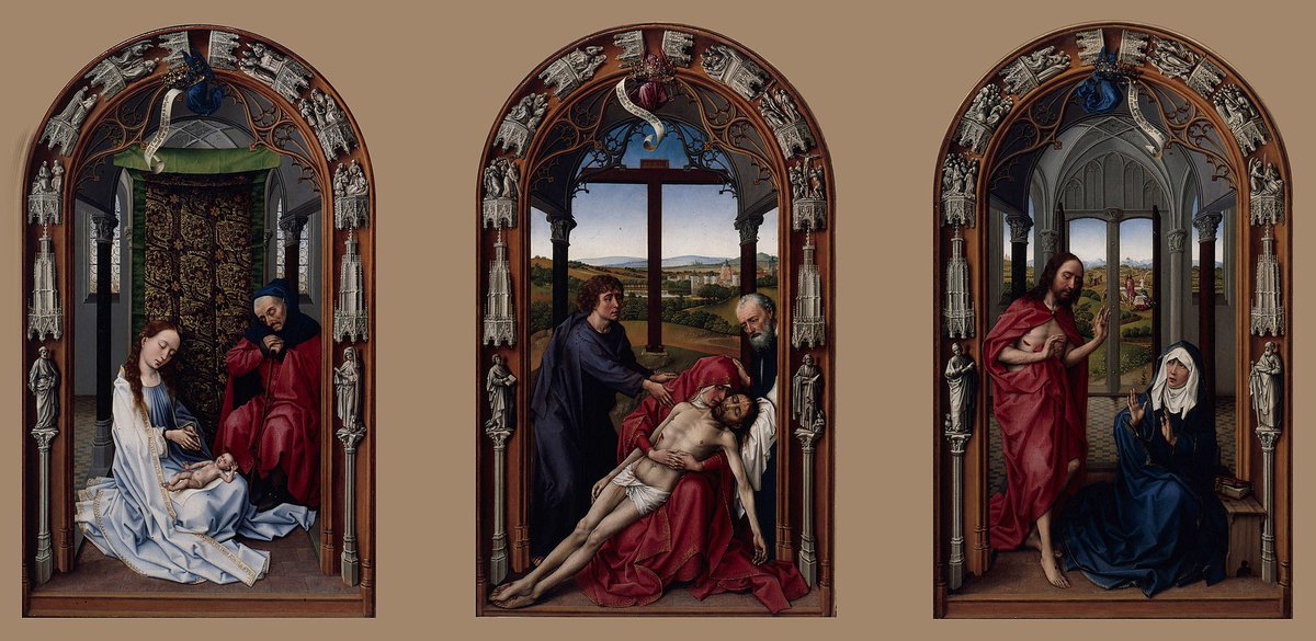 De las pinturas flamencas de la Capilla Real de Granada, la más afamada se concibió antes de que #IsabellaCatólica viera la luz: el tríptico de Van der Weyden, conocido como Granada-Miraflores, del que se conservan dos tablas cortadas, consideradas tradicionalmente como