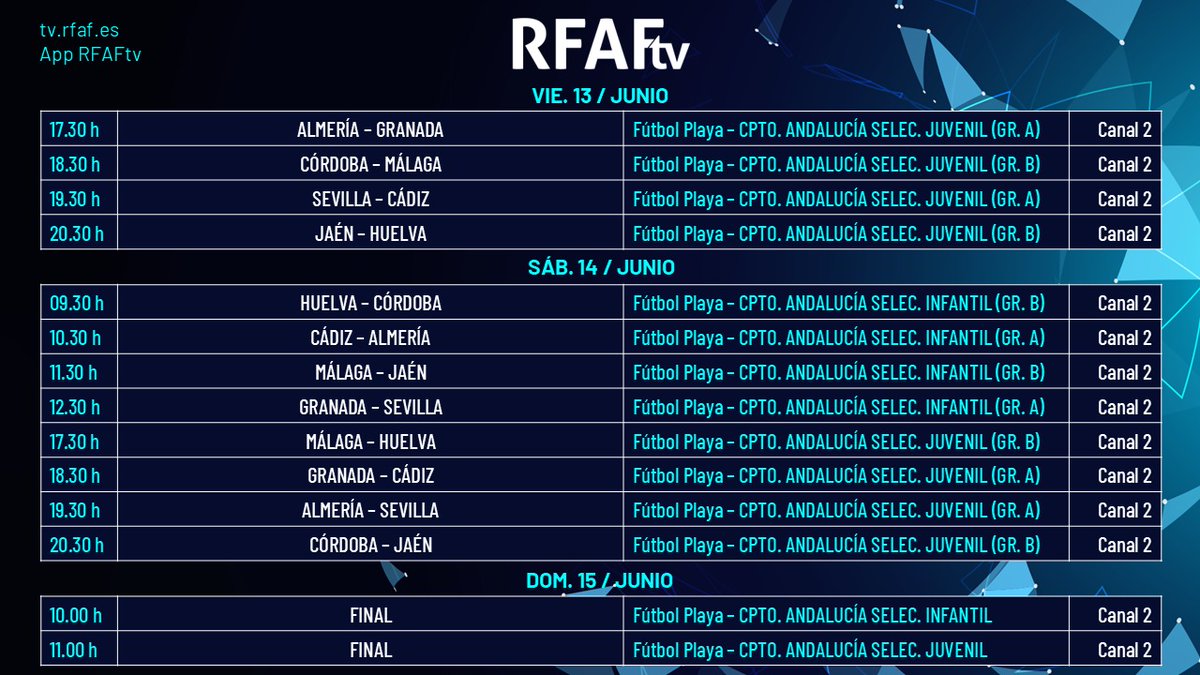 RFAF (@rfaf) on Twitter photo 🏖️Fútbol Playa | Campeonato de Andalucía Infantil y Juvenil y Sub-20 femenino
🏆 Mañana comienza el #AndaluzaInfantilFP, #AndaluzaJuvenilFP y #AndaluzaSub20FPF en <a href="/ElaGuadalcacin/">Guadalcacin. Ayto</a> y <a href="/Ayto_Torrox/">Ayuntamiento Torrox</a>
3️⃣Categorías
8⃣ Selecciones provinciales
2️⃣7️⃣ Partidos en juego
📆 13-15 de 🏖️Fútbol Playa | Campeonato de Andalucía Infantil y Juvenil y Sub-20 femenino
🏆 Mañana comienza el #AndaluzaInfantilFP, #AndaluzaJuvenilFP y #AndaluzaSub20FPF en <a href="/ElaGuadalcacin/">Guadalcacin. Ayto</a> y <a href="/Ayto_Torrox/">Ayuntamiento Torrox</a>
3️⃣Categorías
8⃣ Selecciones provinciales
2️⃣7️⃣ Partidos en juego
📆 13-15 de