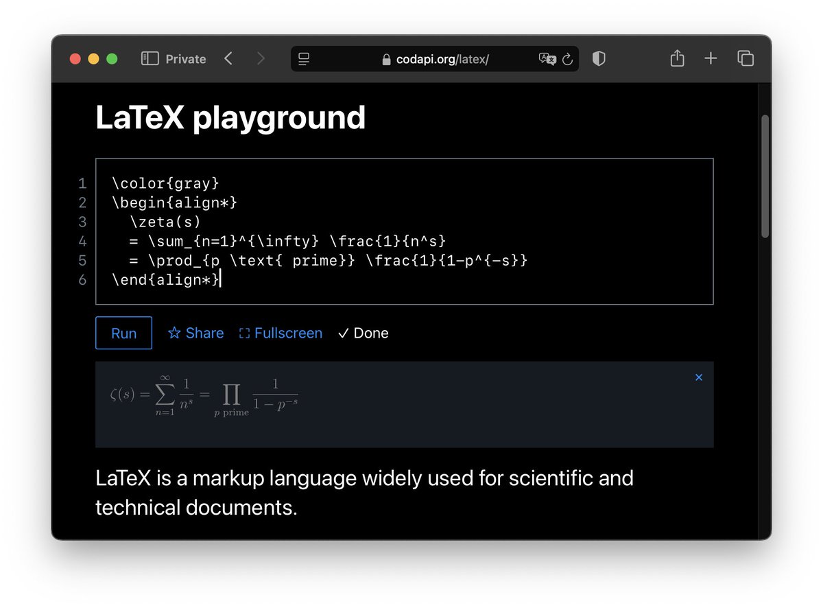 Have you ever wanted to try out LaTeX markup in an interactive playground?

Now you can, thanks to Pato Díaz <a href="/padiazg/">Pato Díaz</a>!