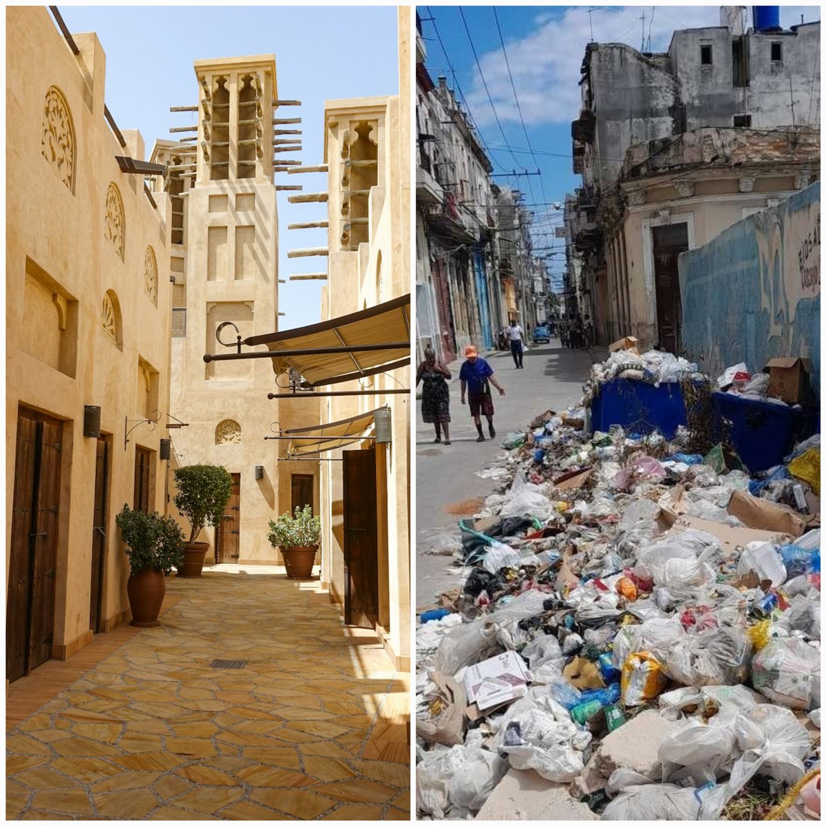 D'un côté, tu vois une image de Dubaï : une ruelle propre et bien entretenue. De l'autre, une ruelle de Cuba, avec des déchets non ramassés et des ruines. Pourquoi tant de différence ? Pourquoi l'un est propre, et pas l'autre ?