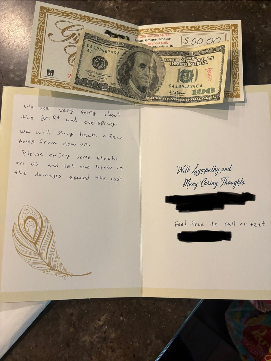 Too good not to share.  A neighbor took out a row of our Non-GMO corn next to his field.  He sent me a card.   😂