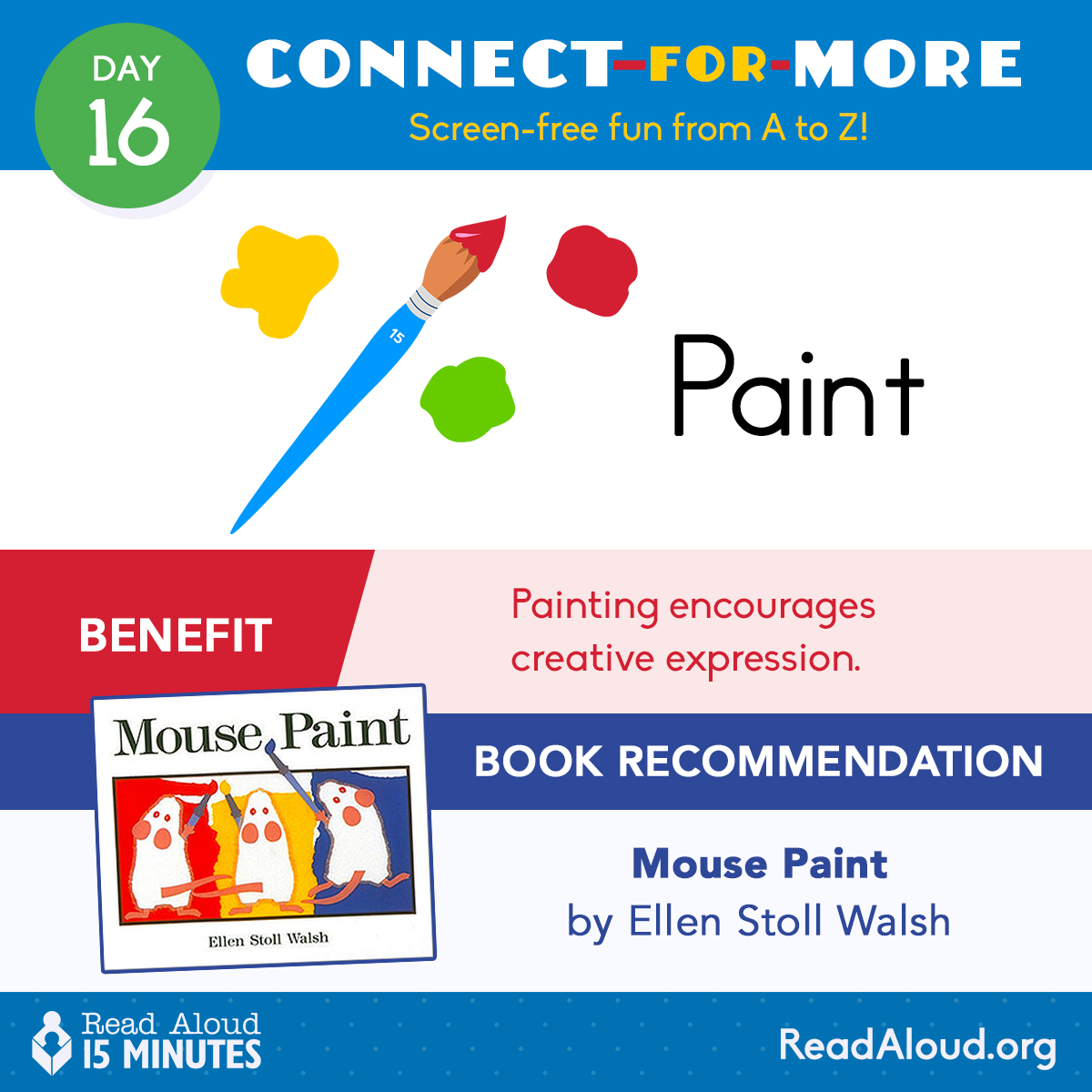 ReadAloud_org's tweet image. “PAINT” your way to learning. 🎨
Painting doesn’t just encourage creative thinking; it also helps children develop fine motor skills. As long as you have some cleaning supplies handy, it can be a wonderful, colorful time for both you and your child! #ReadAloud15