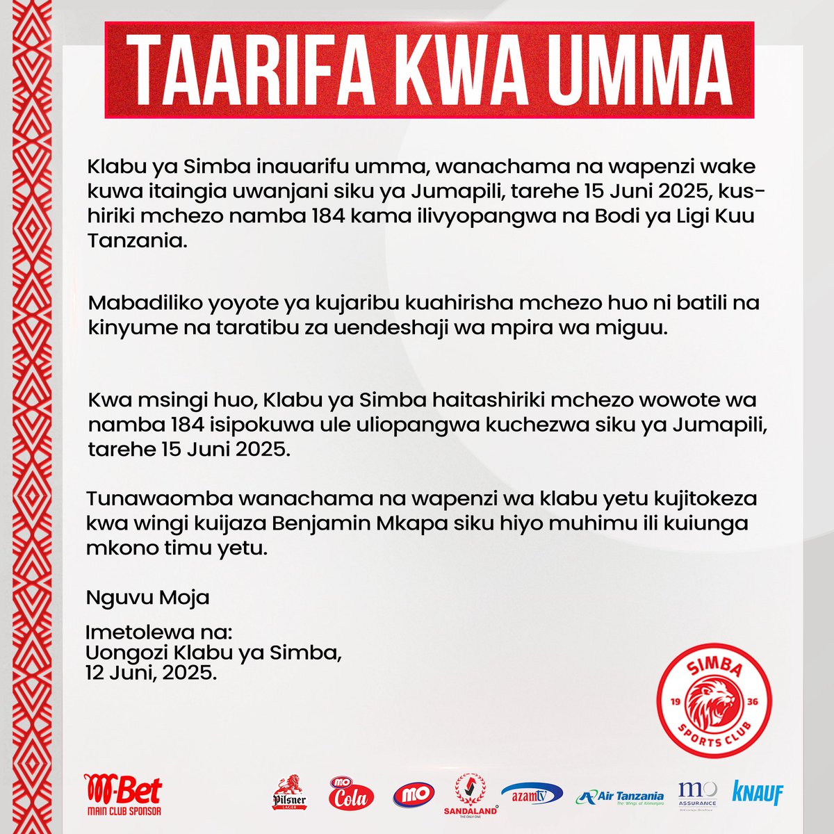 TAARIFA KWA UMMA. #WenyeNchi #NguvuMoja