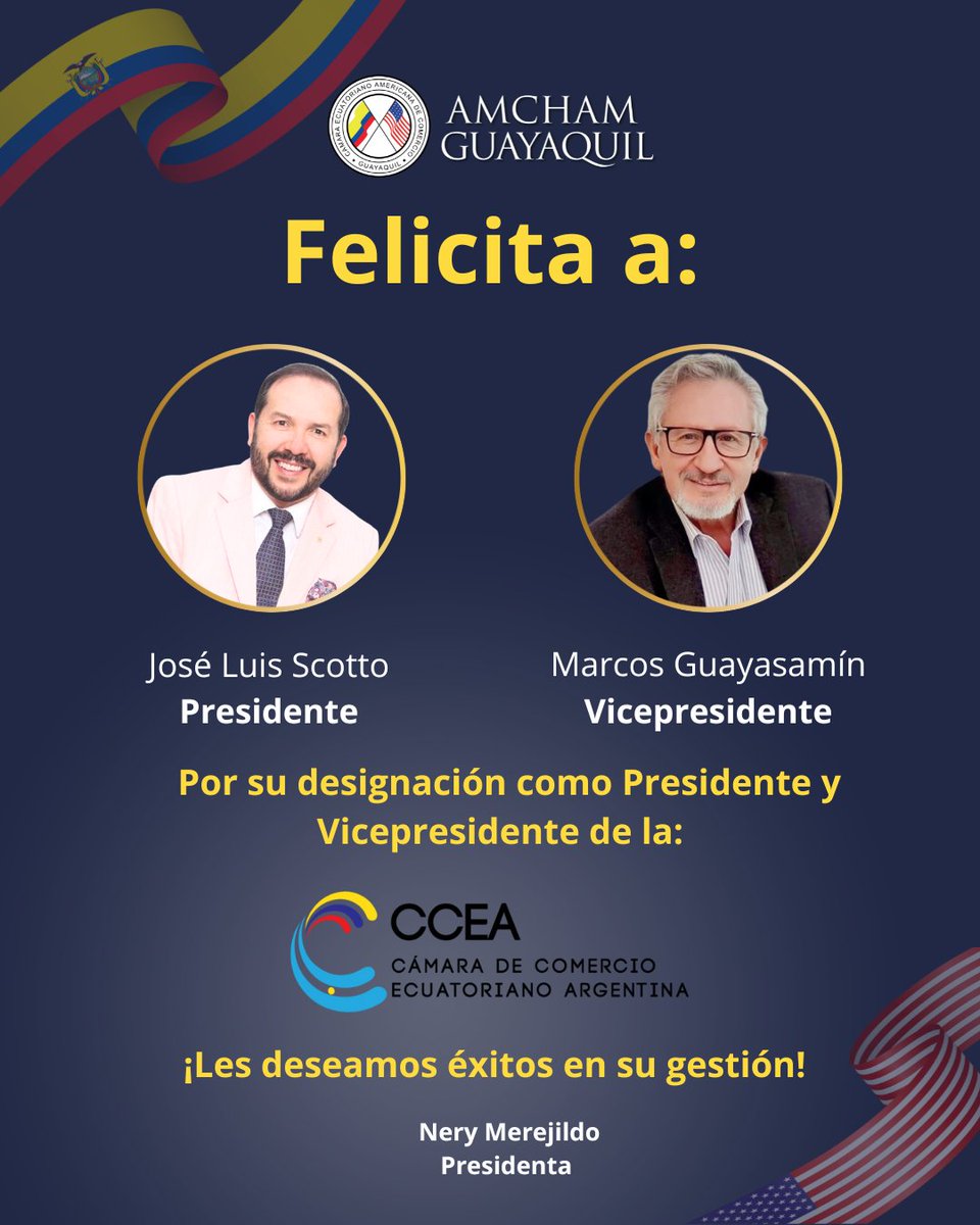 Nery Merejildo - Chair AmCham (@chairamchamgye) on Twitter photo 🎉 Felicitaciones a José Luis Scotto, <a href="/MSGuayasamin/">Marcos Guayasamín</a> y a todo el nuevo directorio de la Cámara de Comercio Ecuatoriano Argentina por su reciente designación.
Desde <a href="/amchamgye/">AMCHAM Guayaquil</a> celebramos este nuevo capítulo de liderazgo binacional y les deseamos éxitos en el fortalecimiento de los 🎉 Felicitaciones a José Luis Scotto, <a href="/MSGuayasamin/">Marcos Guayasamín</a> y a todo el nuevo directorio de la Cámara de Comercio Ecuatoriano Argentina por su reciente designación.
Desde <a href="/amchamgye/">AMCHAM Guayaquil</a> celebramos este nuevo capítulo de liderazgo binacional y les deseamos éxitos en el fortalecimiento de los