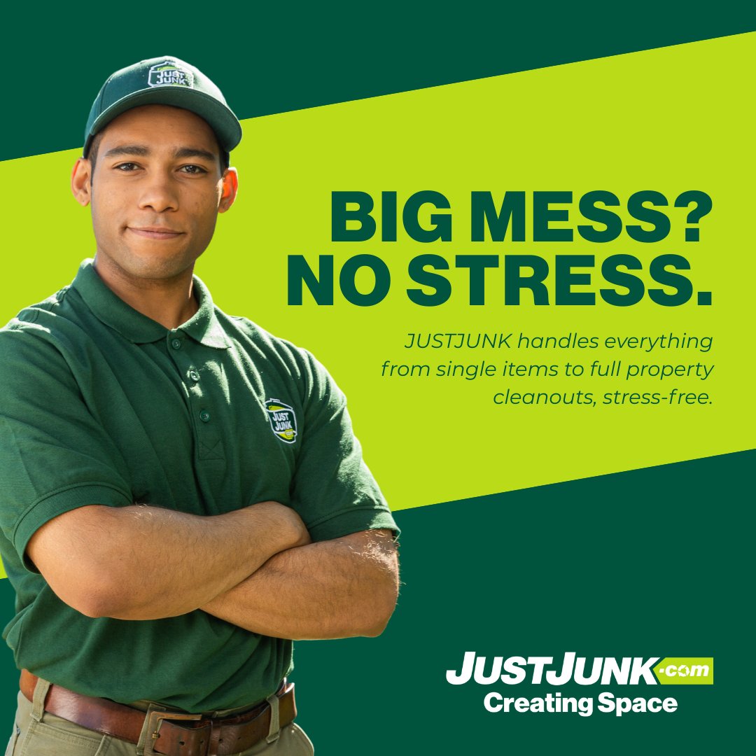 Big mess? No stress! At JUSTJUNK, we handle everything from single items to full property cleanouts, so you can relax. Let us take care of it! Book JUSTJUNK online: 1l.ink/V7M4X6F #JUSTJUNK #CreatingSpace #JunkRemoval #StressFreeCleanouts #DeclutterYourLife
