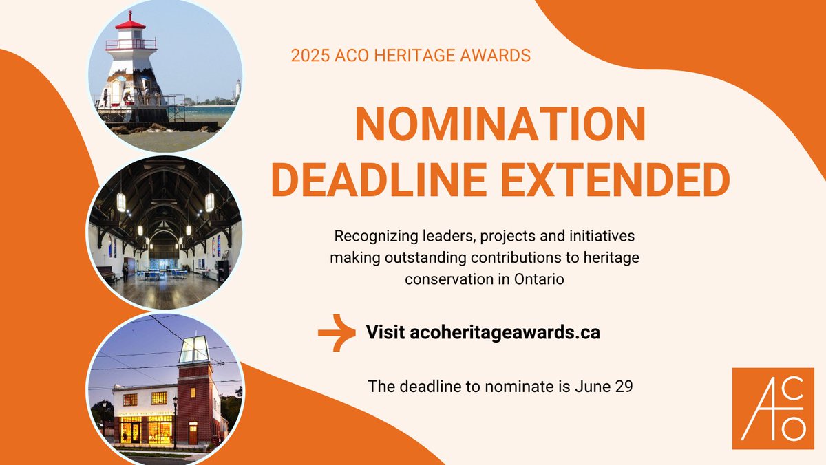 Haven't submitted a nomination yet for this year's ACO Heritage Awards? We have extended the deadline to Sunday, June 29, so there is still time! Share this new date widely with friends and colleagues.

To learn how to nominate, go to acoheritageawards.ca/2025-nominatio….