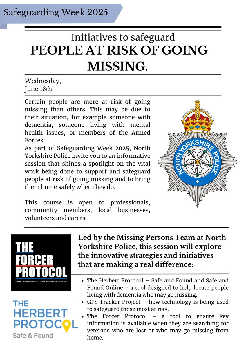 North Yorkshire Safeguarding Adults Board (@nysab1) on Twitter photo As part of #SafeguardingWeek2025, join <a href="/NYorksPolice/">North Yorkshire Police</a> for a free session on protecting those most at risk of going missing, including people with dementia, mental health & veterans.
Learn about the Herbert Protocol, GPS tech & the Forcer Protocol👮
eventbrite.com/cc/safeguardin… As part of #SafeguardingWeek2025, join <a href="/NYorksPolice/">North Yorkshire Police</a> for a free session on protecting those most at risk of going missing, including people with dementia, mental health & veterans.
Learn about the Herbert Protocol, GPS tech & the Forcer Protocol👮
eventbrite.com/cc/safeguardin…