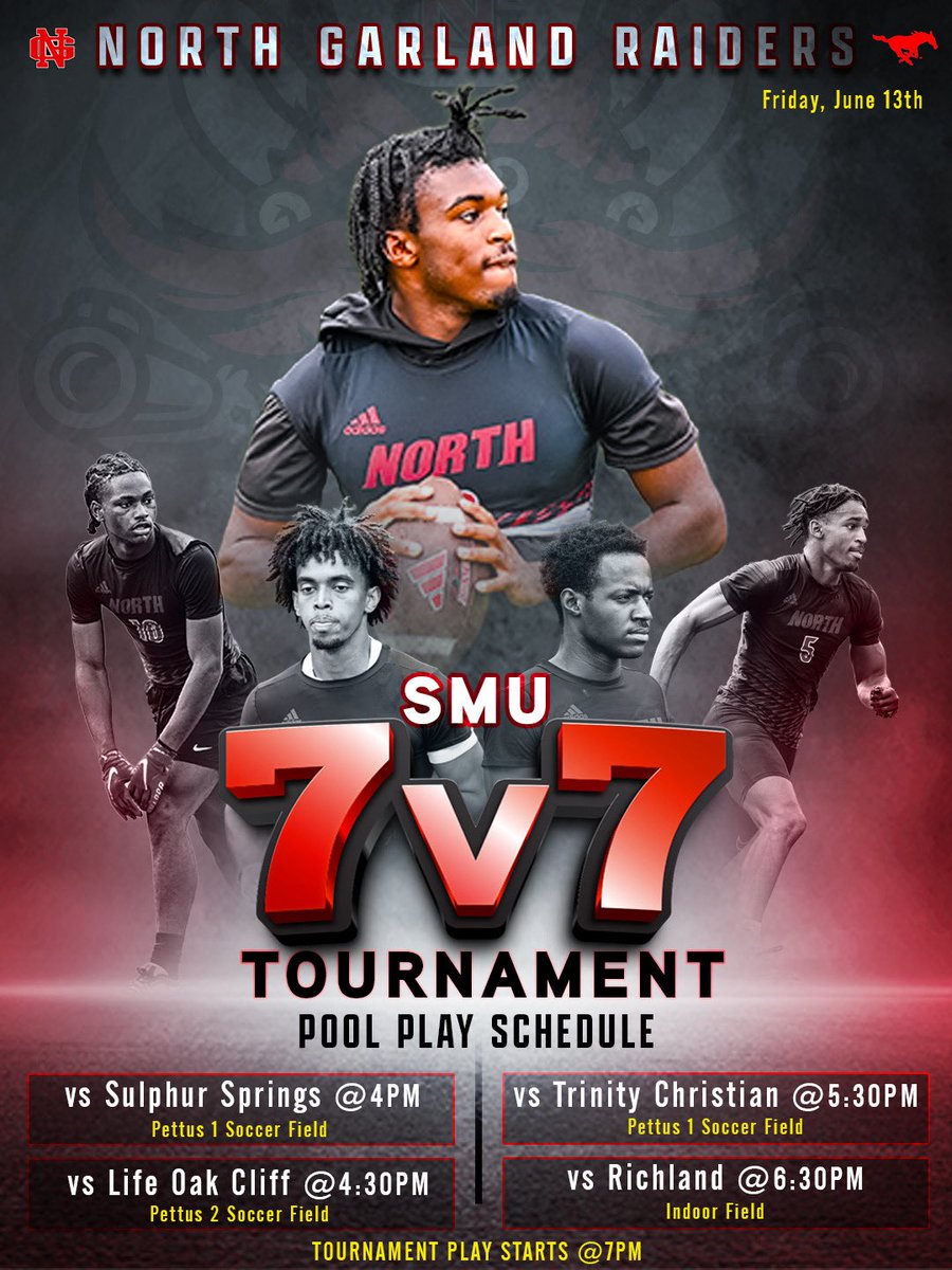 I will be attending the Smu 7n7 tournament tomorrow with North Garland High school <a href="/NGarlandFB/">North Garland HS Football</a> <a href="/trucker89/">Taurus Rucker</a> <a href="/sr_mathes/">DeMarcus Mathes Sr</a> <a href="/One11Recruiting/">One11 Recruiting</a> <a href="/rhettlashlee/">Rhett Lashlee</a> <a href="/CoachHun_SMU/">Rickey Hunley Jr</a> <a href="/JBonney_4/">John Bonney</a> <a href="/CoachMesser_/">Warren Messer</a>