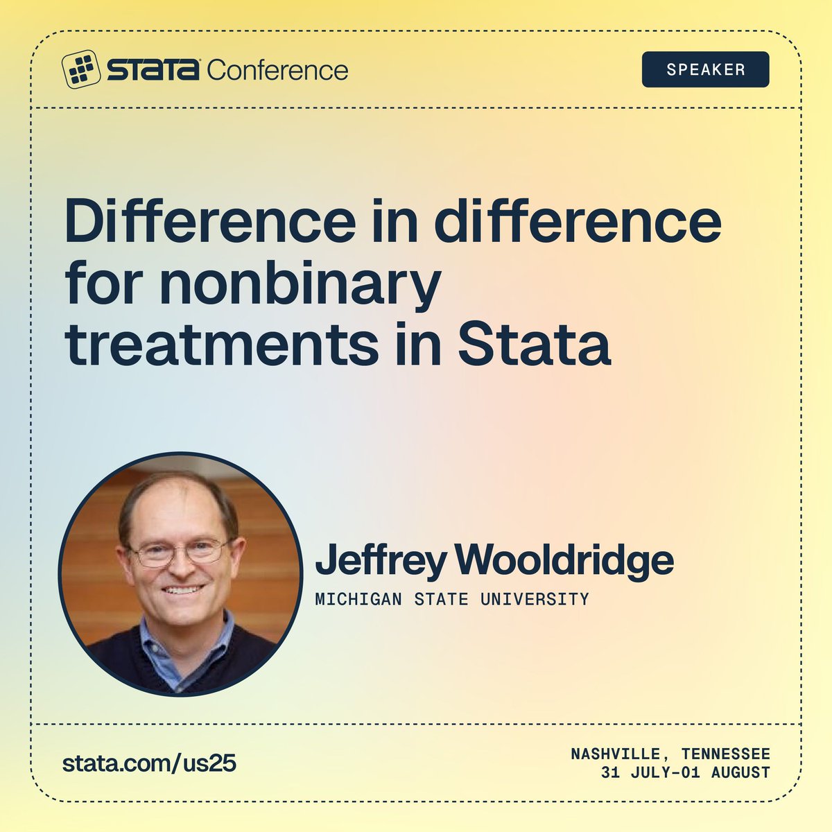 Meet the #Stata2025 speakers:

Discover how to use an extended fixed-effects difference-in-differences approach in Stata for continuous and multi-valued treatments with <a href="/jmwooldridge/">Jeffrey Wooldridge</a> from <a href="/michiganstateu/">MSU</a>.

Full abstract + program: stata.com/us25

#StataConference