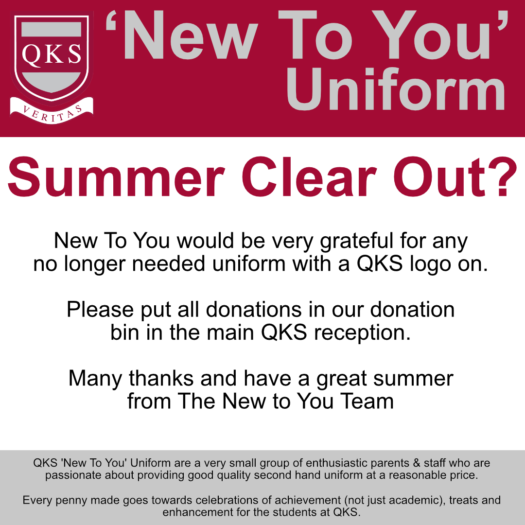 We are grateful for all the donations so far this year, but the New to You uniform shop needs more stock please. Items needed are blazers, jumpers, hoodies, ties, skirts &amp; PE T-shirts in any condition as we are able to remove/reduce stains &amp; fix seams. Thanks. The New To You Team