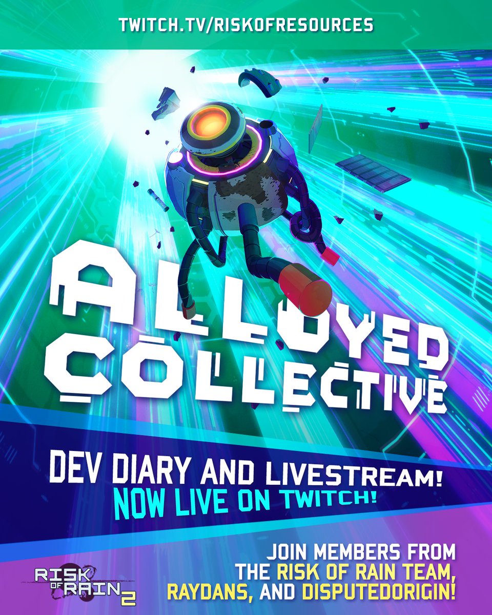 We are now live on Twitch!

Bruno and Carter from the dev team are taking on <a href="/RayDans3/">Raydans</a> and <a href="/DisputedOrigin/">Disputed Origin</a> in a Risk of Rain 2 bingo race, chatting about the upcoming Alloyed Collective DLC, and more!

Check it out here: twitch.tv/riskofresources