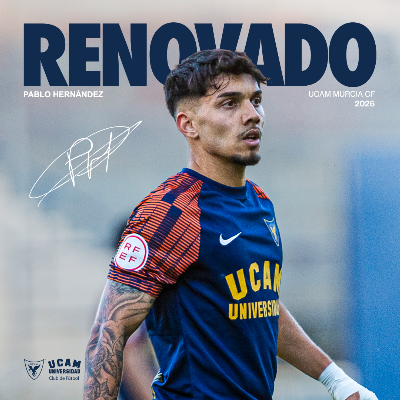 UCAMMurciaCF's tweet photo. ✍️🏻 El futbolista @PabloHdez__ seguirá vinculando al UCAM Murcia la próxima temporada 2025/26. 

Talento, trabajo y compromiso en la medular. 

#PabloHernández2026 | 2025/26