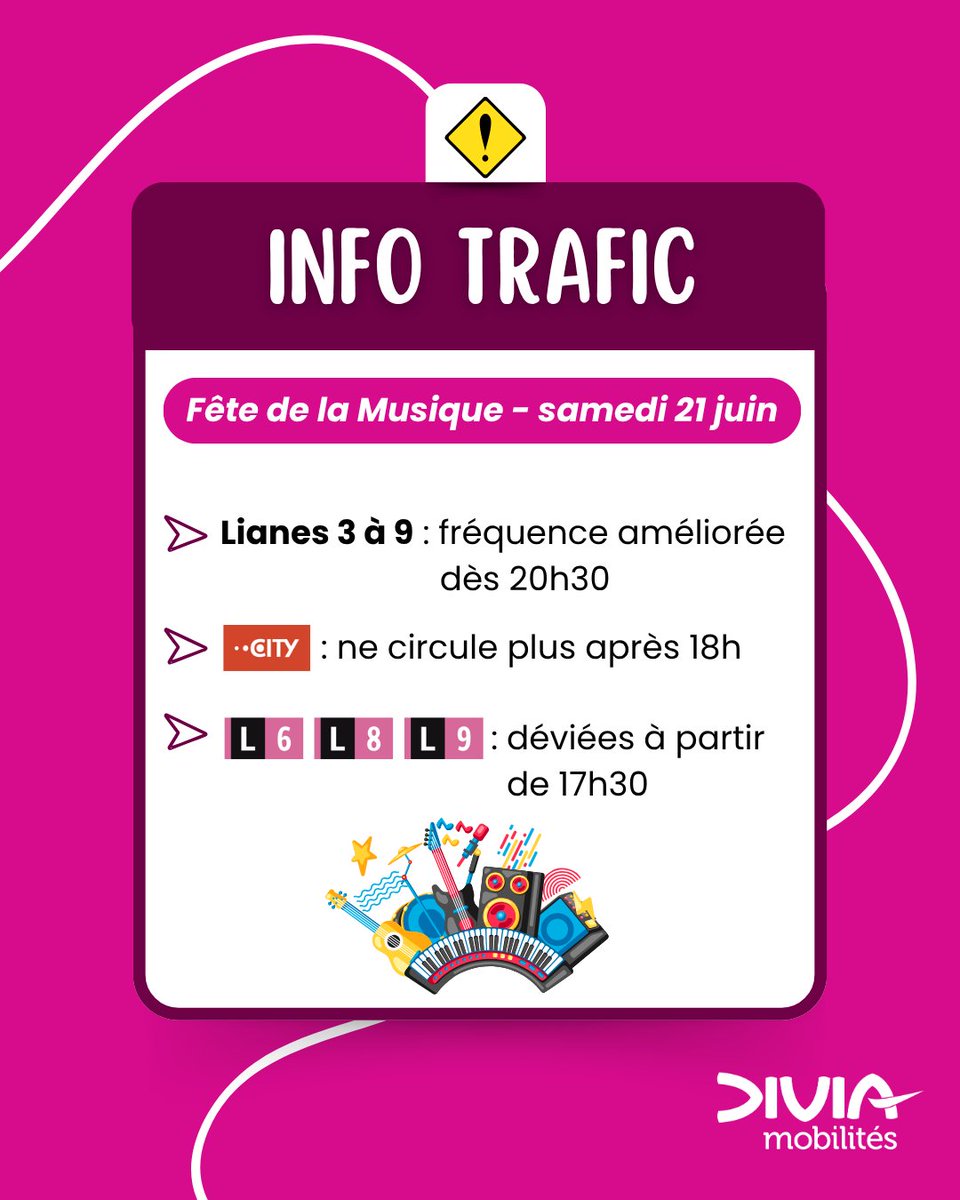 J-3 avant la Fête de la Musique à Dijon ! 🎶

DiviaMobilités vous accompagne pour vivre l'événement toute la soirée.

➡ Pensez au PASS Soirée pour voyager à volonté sur l'ensemble du réseau Divia Bus&amp;Tram dès 19h pour 2,10€

🔹Plus d'infos : divia.fr/bus-tram/infos…