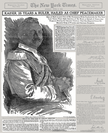 KaiserW1914_II's tweet photo. Wie die New York Times 1913 über Wilhelm II. zu seinem 25. Regentschaftsjubiläum berichtete:

KAISER, 25 YEARS A RULER, HAILED AS CHIEF PEACEMAKER; Men of Mark In and Out of His Dominions Write Exclusively for The New York Times Their High Opinion of His Work in Behalf of Peace and Progress During the Quarter Century That Has Elapsed Since He Became King of Prussia and German Emperor.
https://t.co/ZU3X1HU6Gp