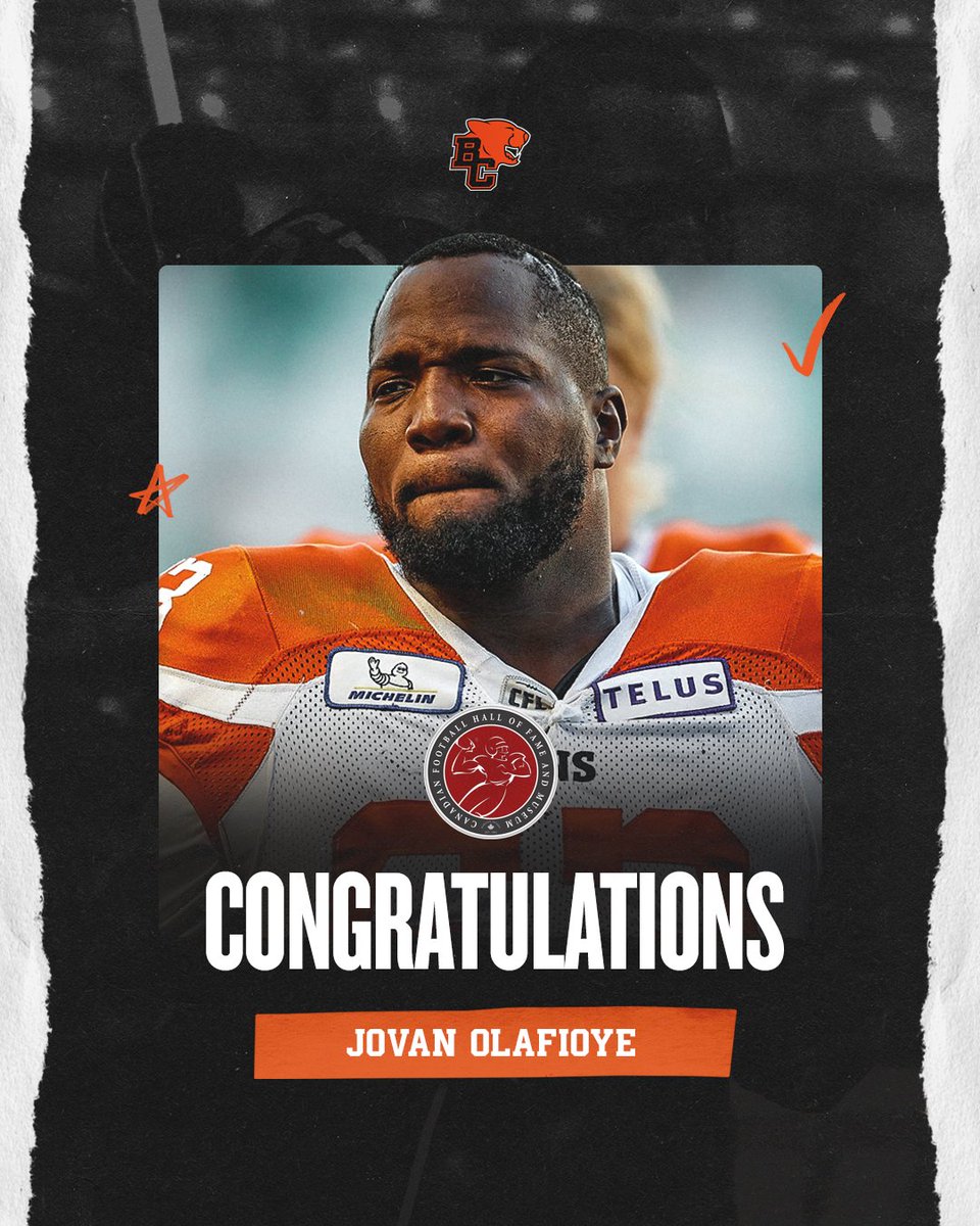 BC LIONS (@bclions) on Twitter photo 6-Time @cfl All-Star ⭐️
2012 Most Outstanding Lineman 🏆
2011 Grey Cup Champion 🏆
Join us in congratulating the Sugar Bear, <a href="/jolafioye63/">Jovan Olafioye</a>, on getting call to the Canadian Football Hall of Fame 🎉
MORE 📝 | bit.ly/43Tnxsq 6-Time @cfl All-Star ⭐️
2012 Most Outstanding Lineman 🏆
2011 Grey Cup Champion 🏆
Join us in congratulating the Sugar Bear, <a href="/jolafioye63/">Jovan Olafioye</a>, on getting call to the Canadian Football Hall of Fame 🎉
MORE 📝 | bit.ly/43Tnxsq